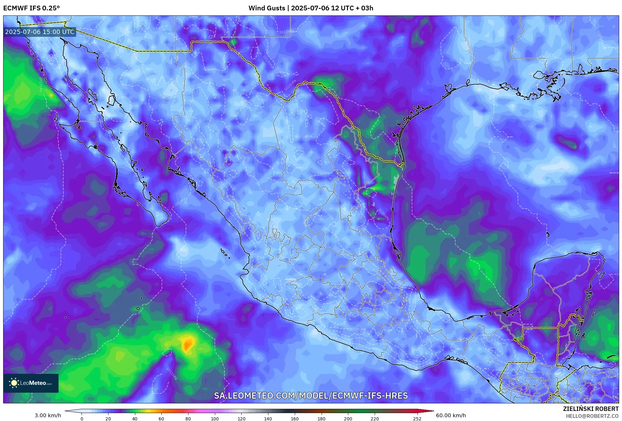 ECMWF IFS 0.25° model - Mexico, Wind Gusts ECMWF IFS 0.25° model - Mexico, Wind Gusts