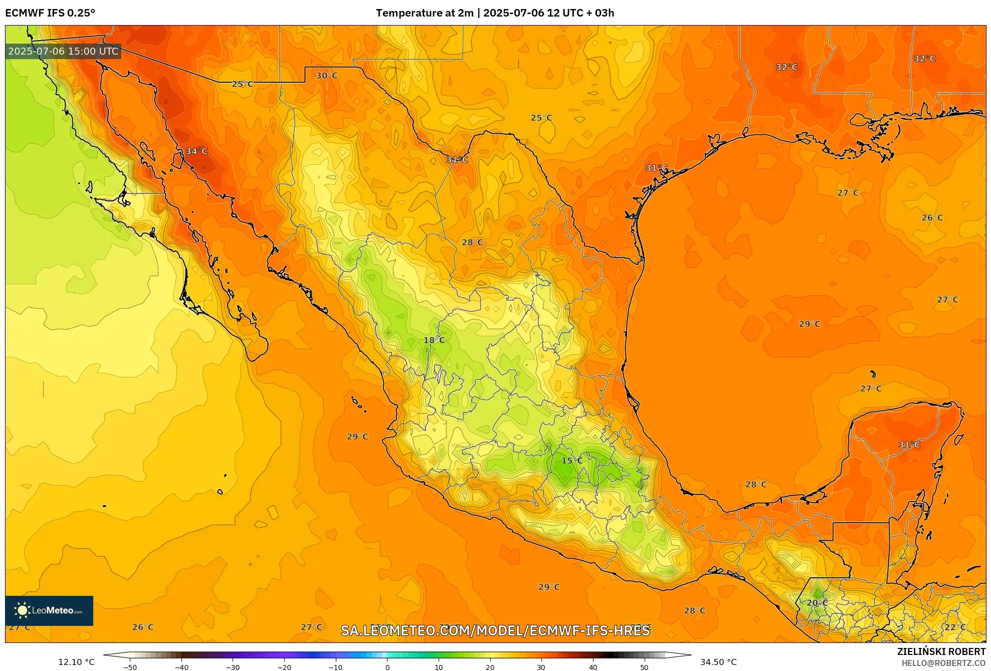 ECMWF IFS 0.25° model - Mexico, Temperature at 2m ECMWF IFS 0.25° model - Mexico, Temperature at 2m