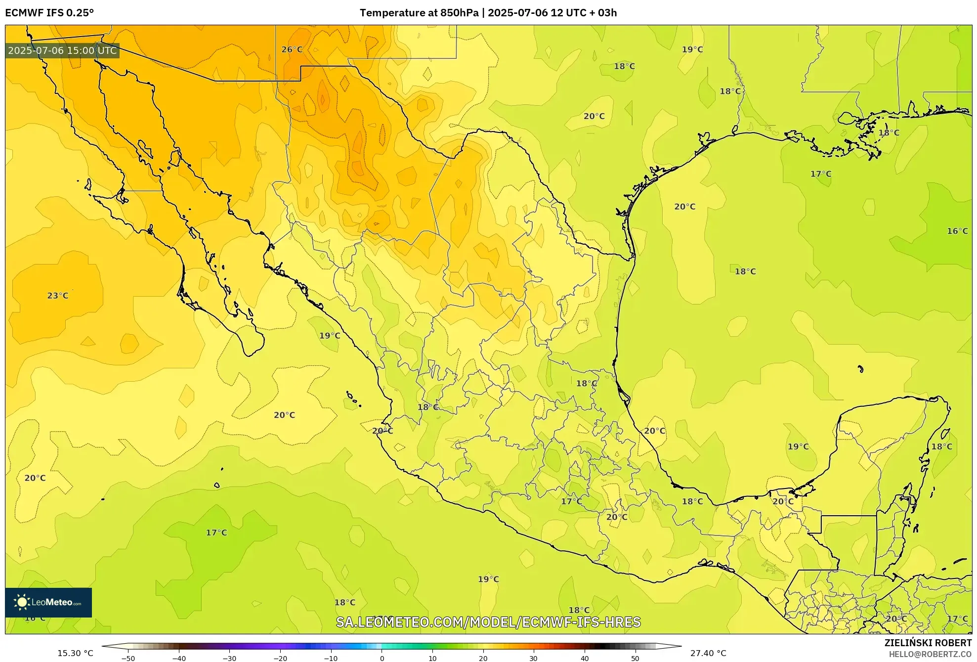 ECMWF IFS 0.25° model - Mexico, Temperature at 850hPa ECMWF IFS 0.25° model - Mexico, Temperature at 850hPa