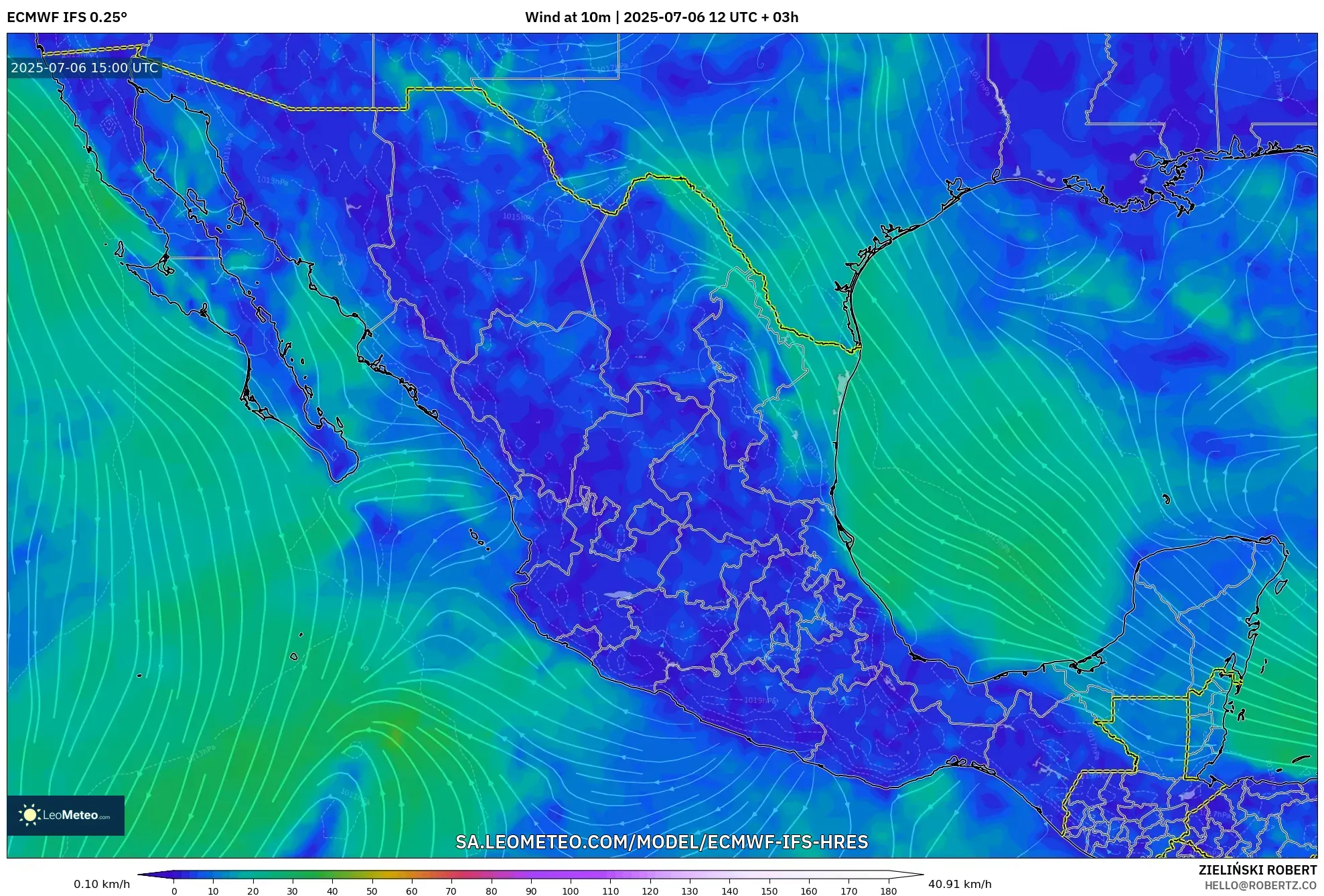 ECMWF IFS 0.25° model - Mexico, Wind at 10m ECMWF IFS 0.25° model - Mexico, Wind at 10m