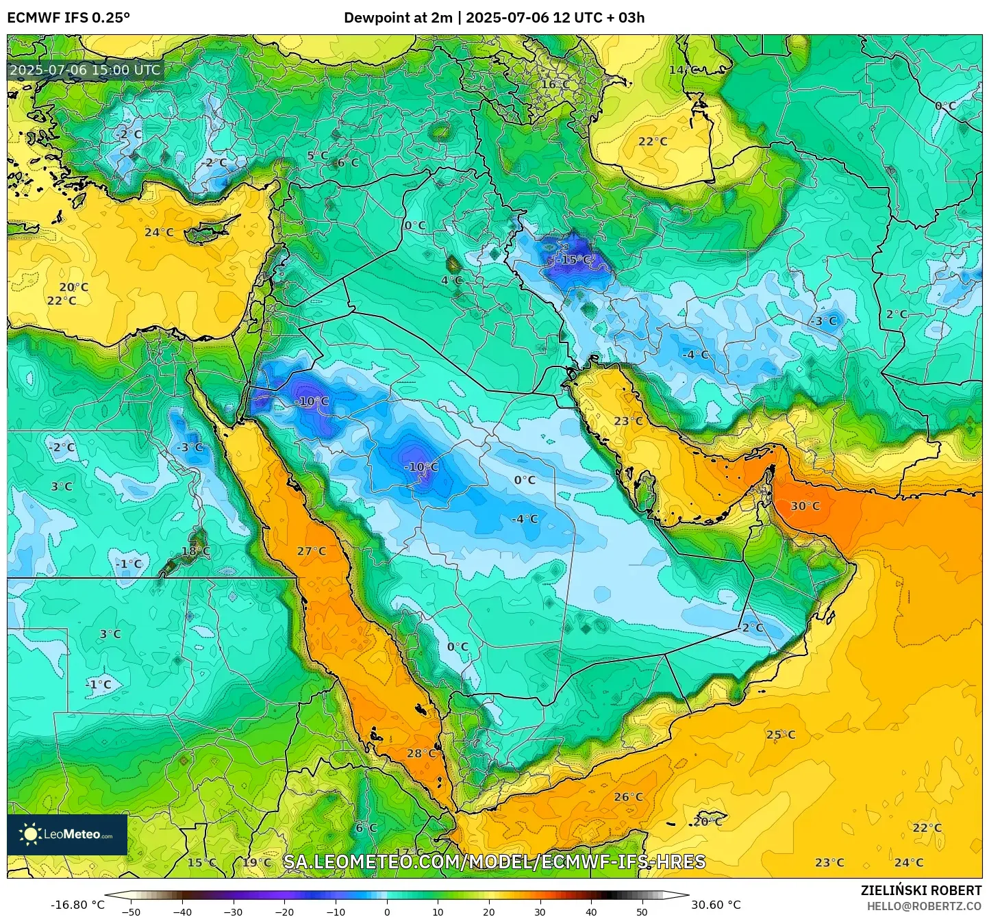 ECMWF IFS 0.25° model - Middle East, Dewpoint at 2m ECMWF IFS 0.25° model - Middle East, Dewpoint at 2m