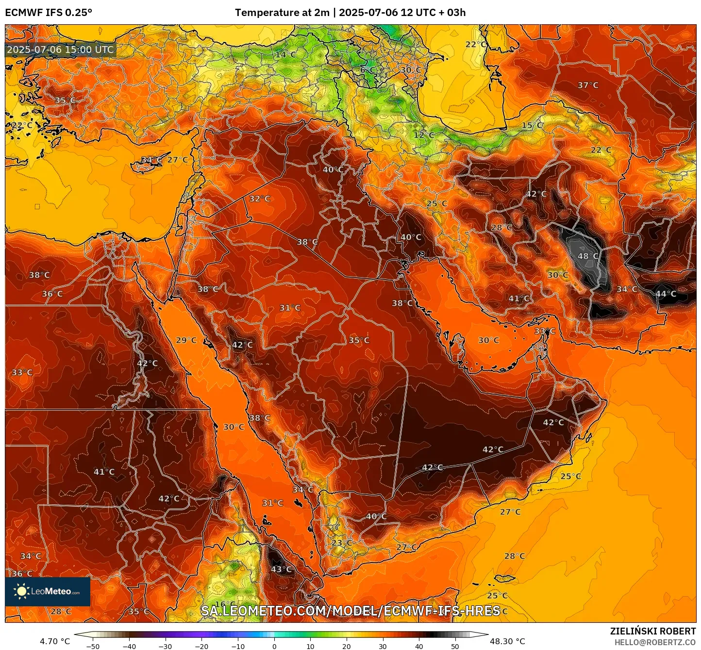 ECMWF IFS 0.25° model - Middle East, Temperature at 2m ECMWF IFS 0.25° model - Middle East, Temperature at 2m