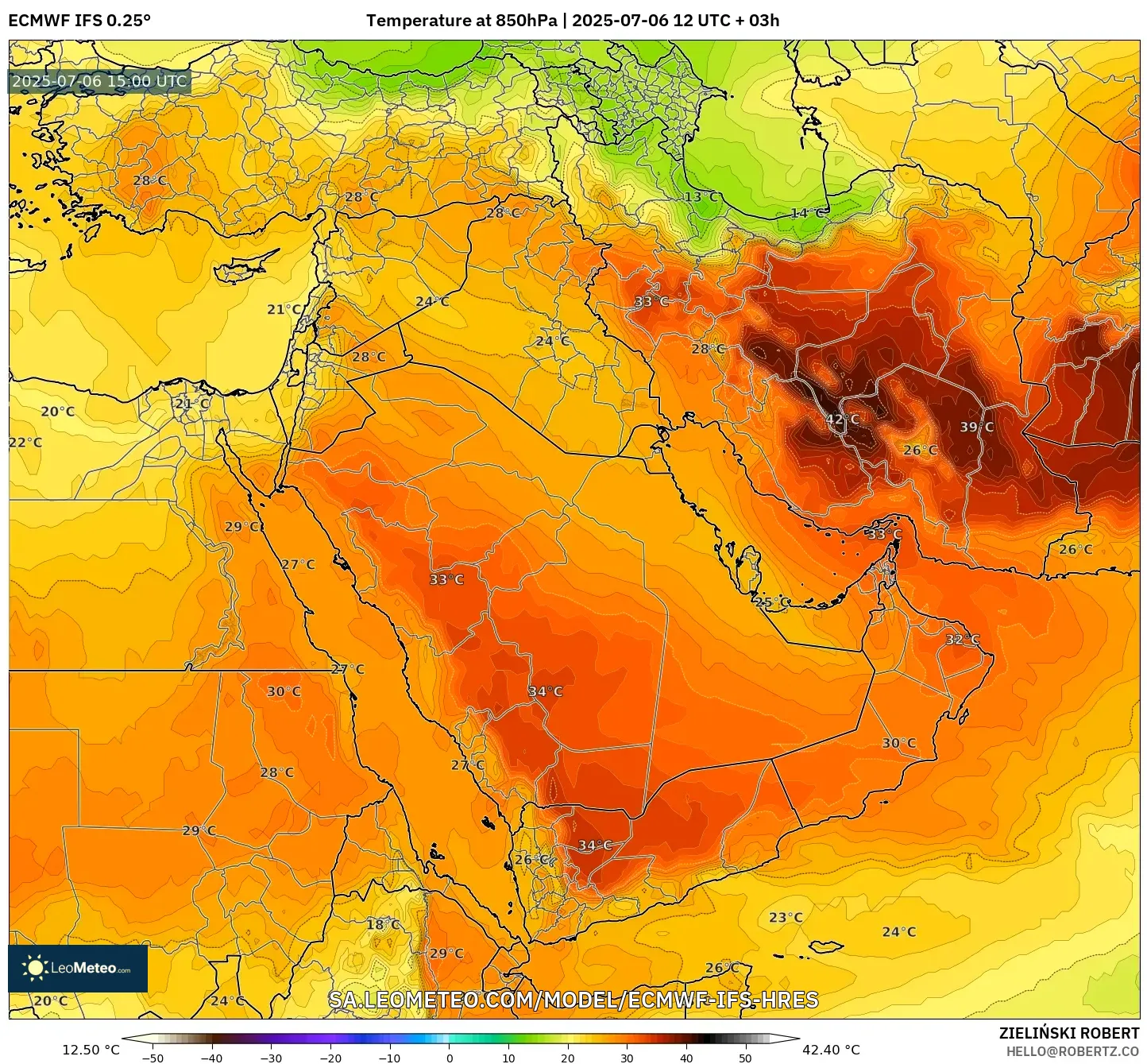 ECMWF IFS 0.25° model - Middle East, Temperature at 850hPa ECMWF IFS 0.25° model - Middle East, Temperature at 850hPa