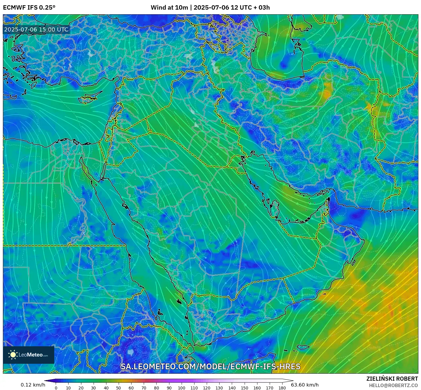 ECMWF IFS 0.25° model - Middle East, Wind at 10m ECMWF IFS 0.25° model - Middle East, Wind at 10m
