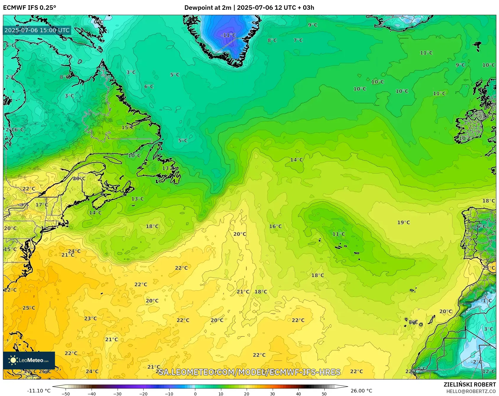 ECMWF IFS 0.25° model - North Atlantic, Dewpoint at 2m ECMWF IFS 0.25° model - North Atlantic, Dewpoint at 2m