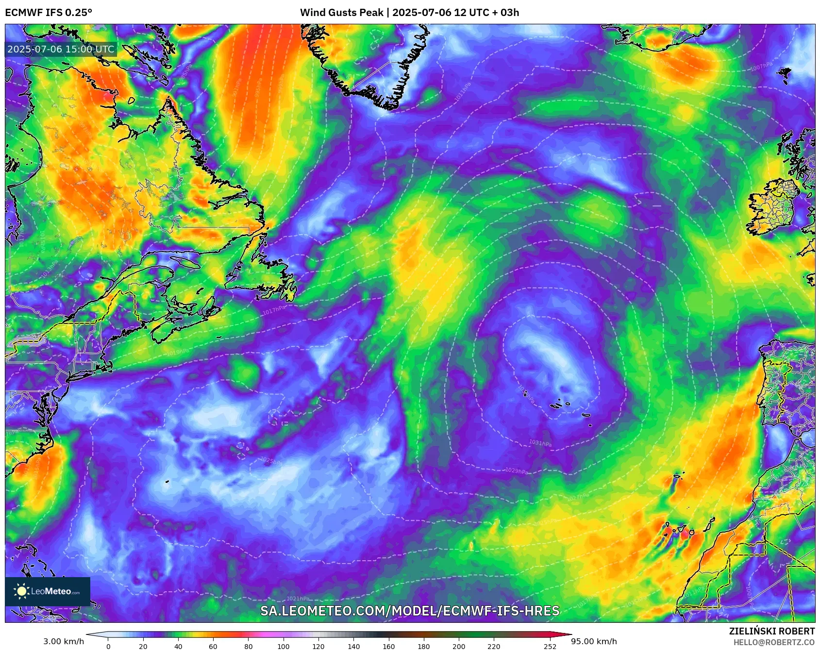 ECMWF IFS 0.25° model - North Atlantic, Wind Gusts Peak ECMWF IFS 0.25° model - North Atlantic, Wind Gusts Peak