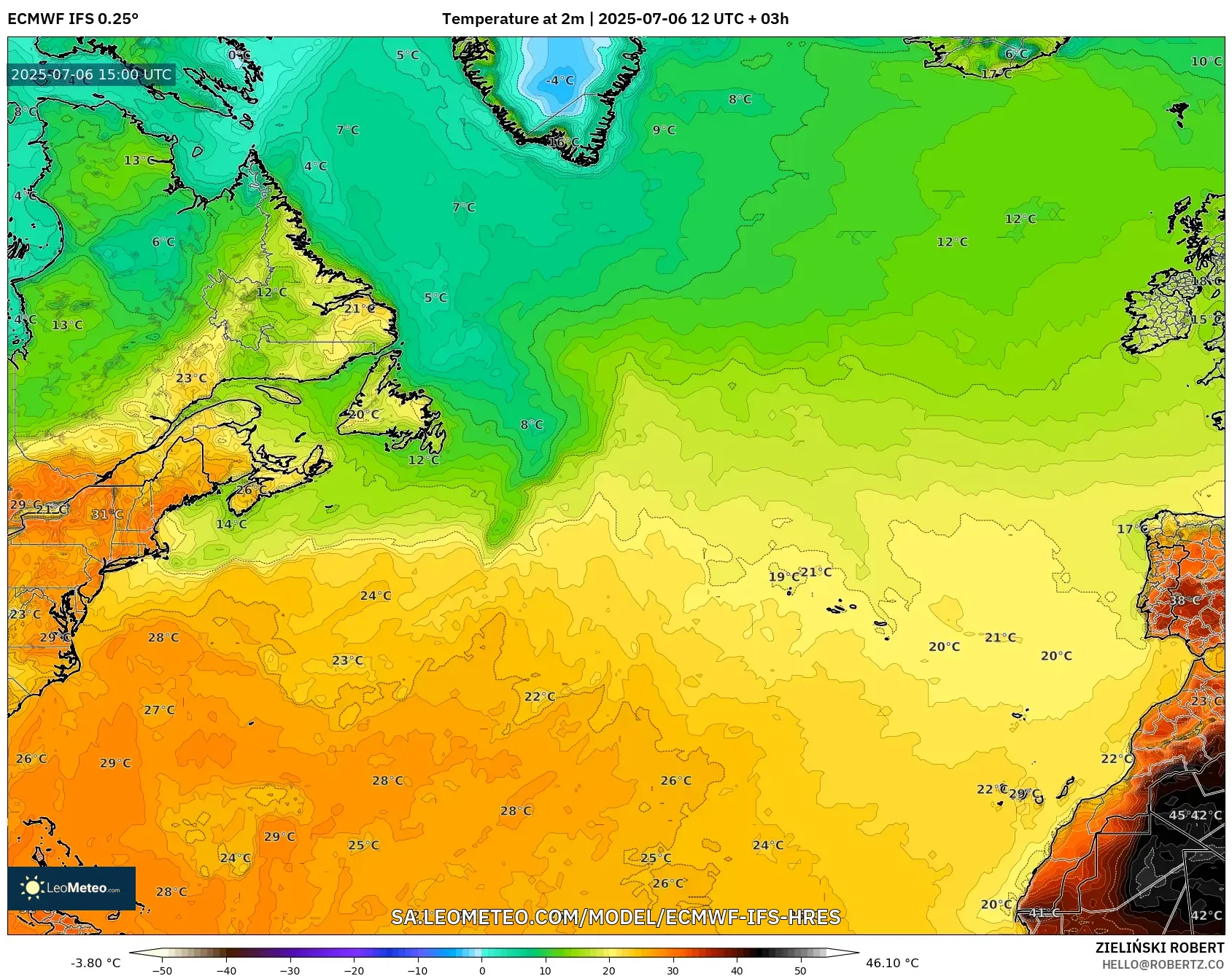 ECMWF IFS 0.25° model - North Atlantic, Temperature at 2m ECMWF IFS 0.25° model - North Atlantic, Temperature at 2m