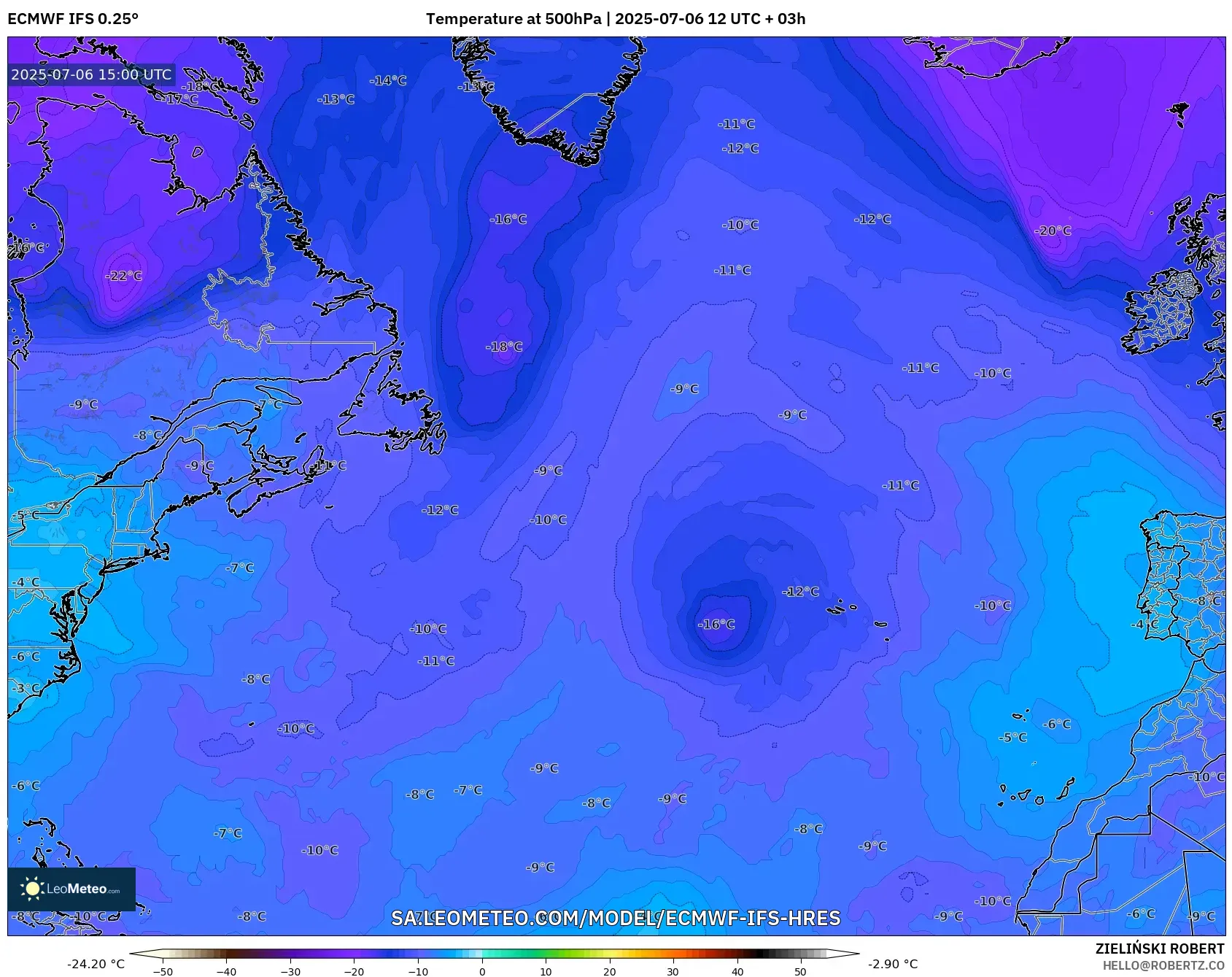 ECMWF IFS 0.25° model - North Atlantic, Temperature at 500hPa ECMWF IFS 0.25° model - North Atlantic, Temperature at 500hPa
