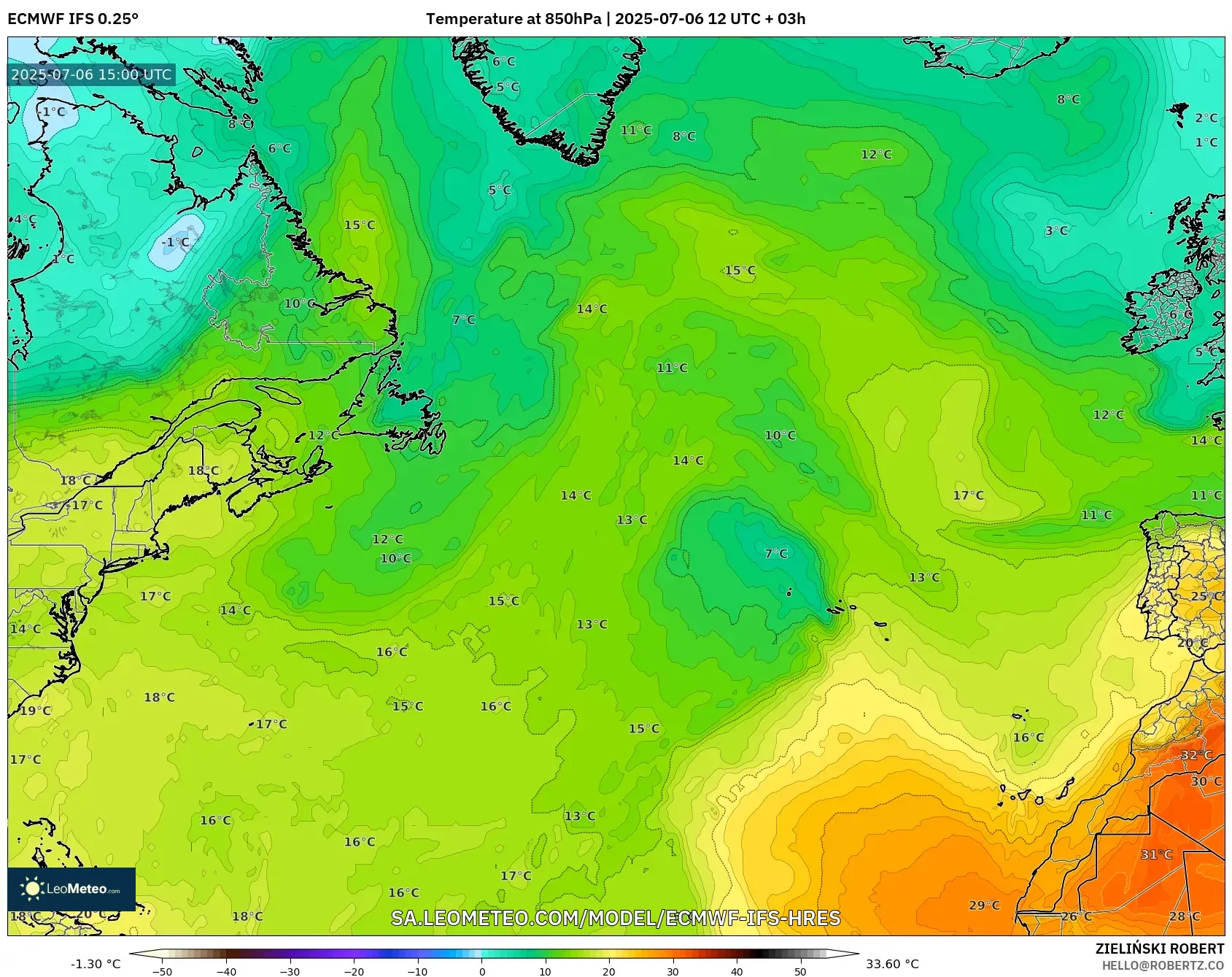 ECMWF IFS 0.25° model - North Atlantic, Temperature at 850hPa ECMWF IFS 0.25° model - North Atlantic, Temperature at 850hPa