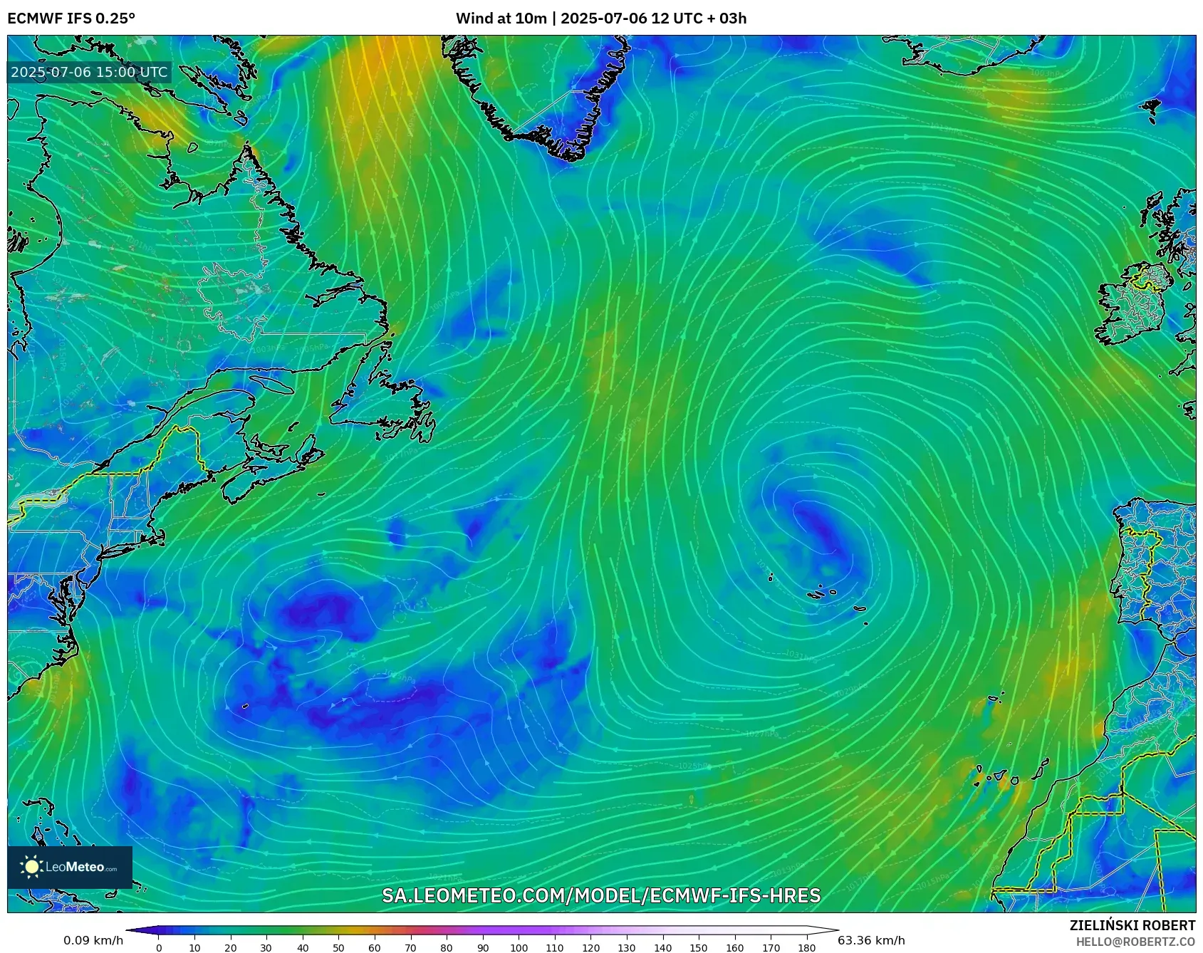 ECMWF IFS 0.25° model - North Atlantic, Wind at 10m ECMWF IFS 0.25° model - North Atlantic, Wind at 10m