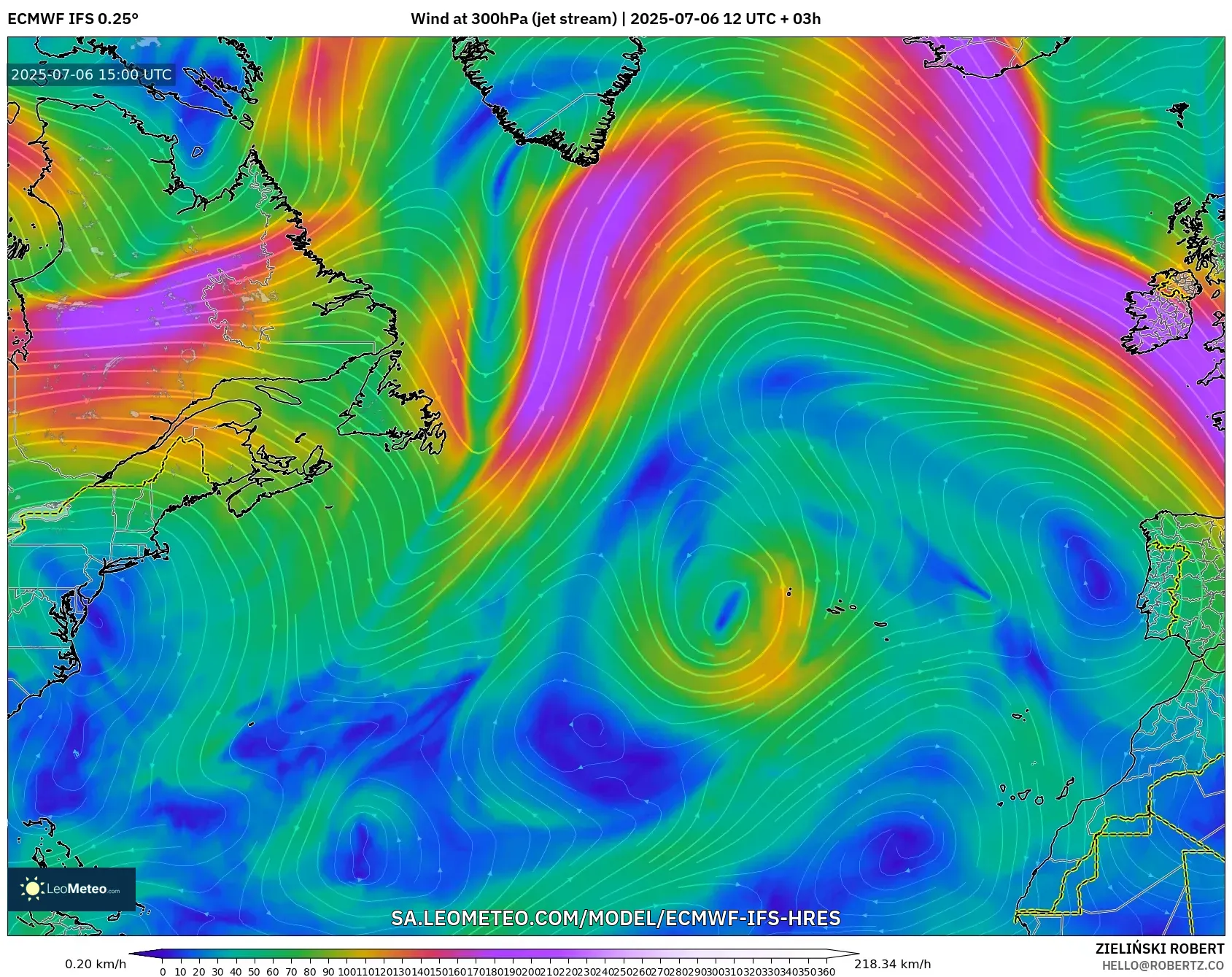 ECMWF IFS 0.25° model - North Atlantic, Wind at 300hPa (jet stream) ECMWF IFS 0.25° model - North Atlantic, Wind at 300hPa (jet stream)