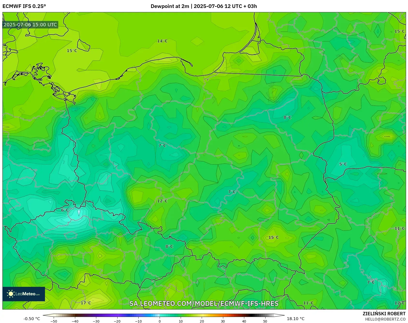 ECMWF IFS 0.25° model - Poland, Dewpoint at 2m ECMWF IFS 0.25° model - Poland, Dewpoint at 2m