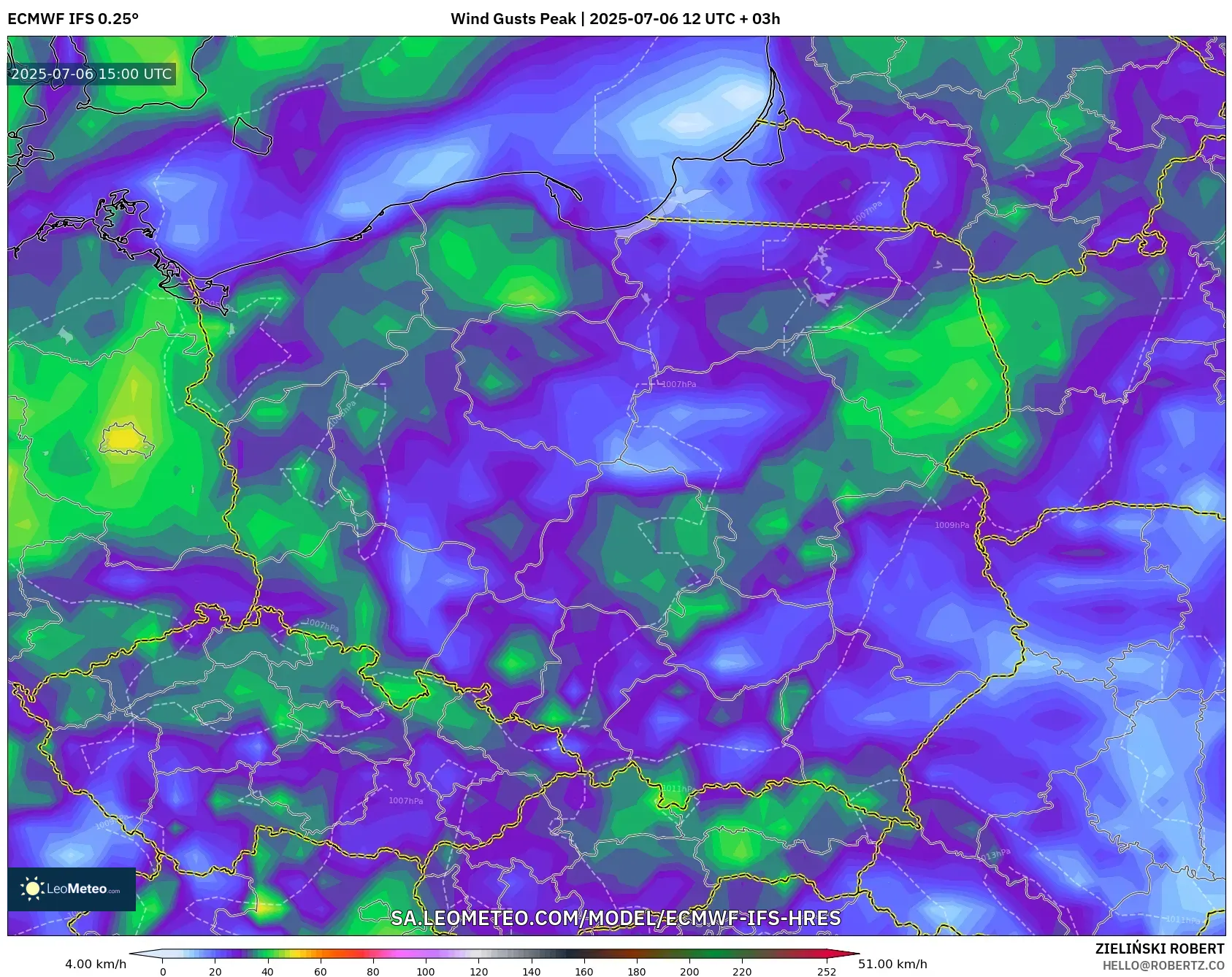 ECMWF IFS 0.25° model - Poland, Wind Gusts Peak ECMWF IFS 0.25° model - Poland, Wind Gusts Peak