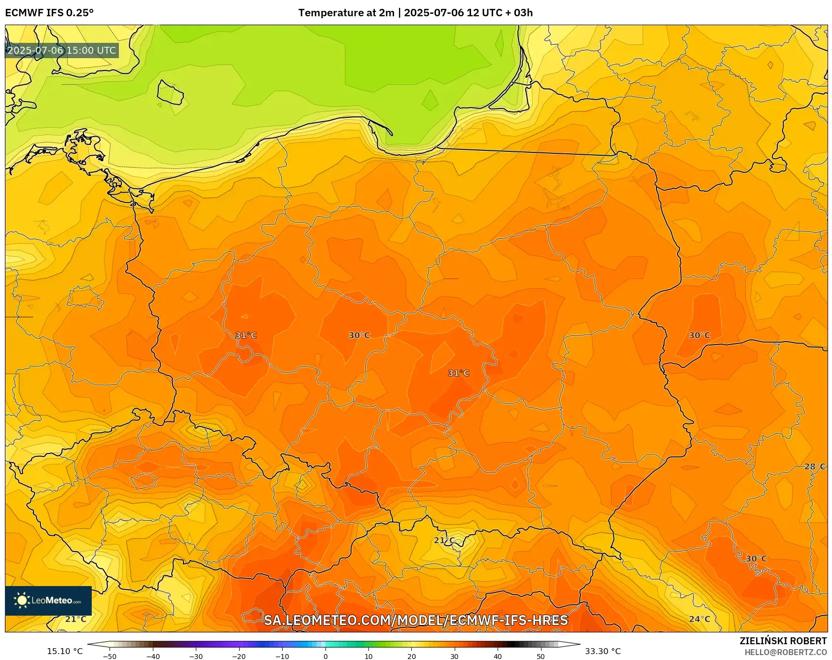 ECMWF IFS 0.25° model - Poland, Temperature at 2m ECMWF IFS 0.25° model - Poland, Temperature at 2m