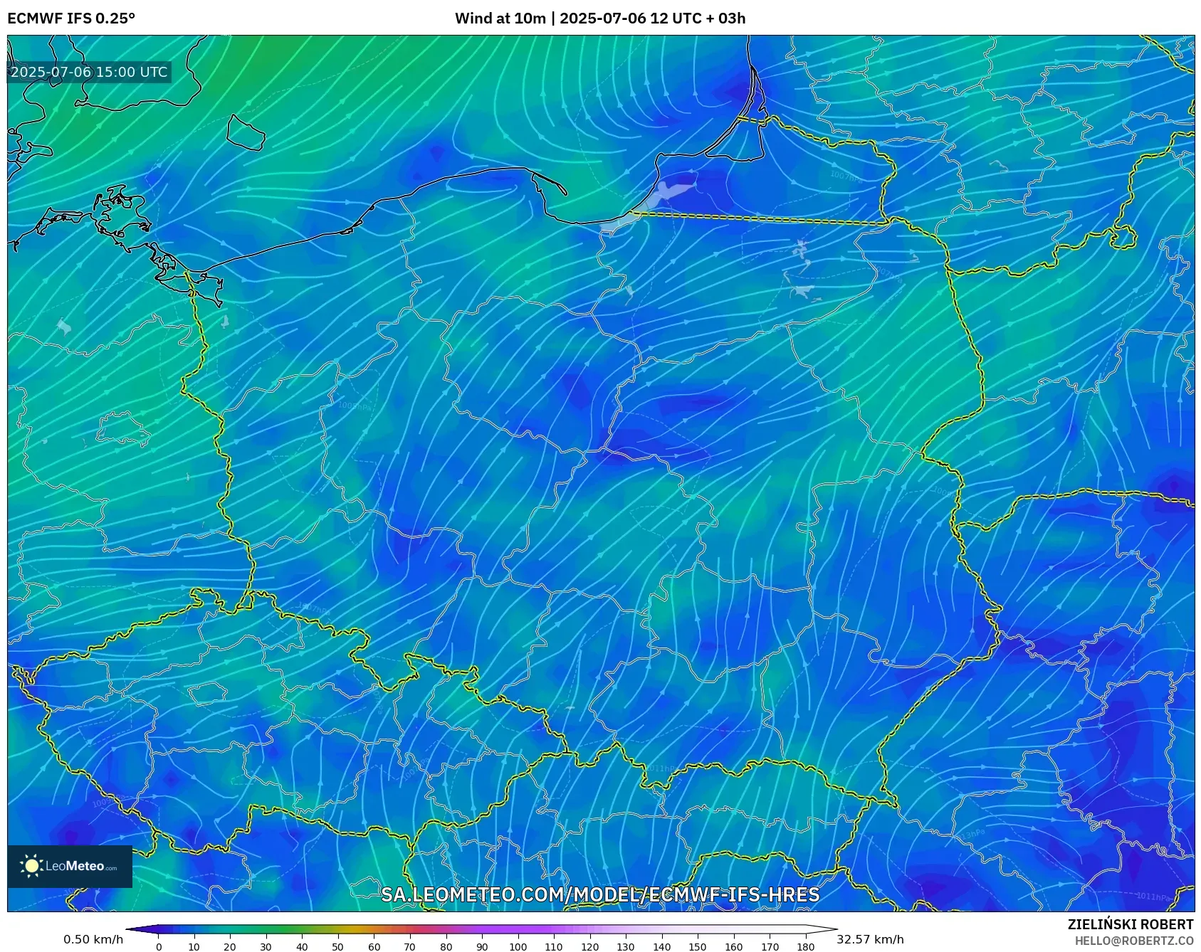 ECMWF IFS 0.25° model - Poland, Wind at 10m ECMWF IFS 0.25° model - Poland, Wind at 10m