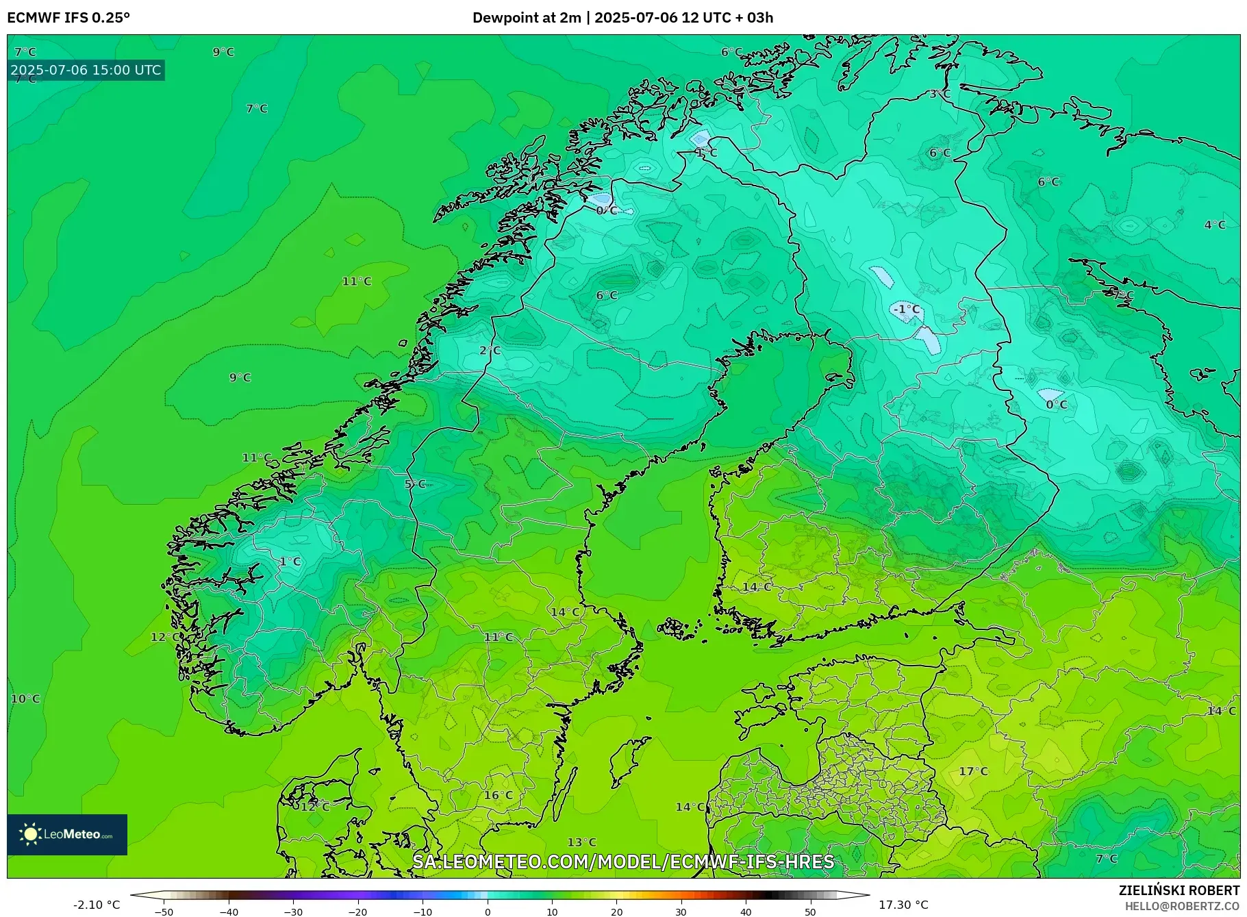 ECMWF IFS 0.25° model - Scandinavia, Dewpoint at 2m ECMWF IFS 0.25° model - Scandinavia, Dewpoint at 2m
