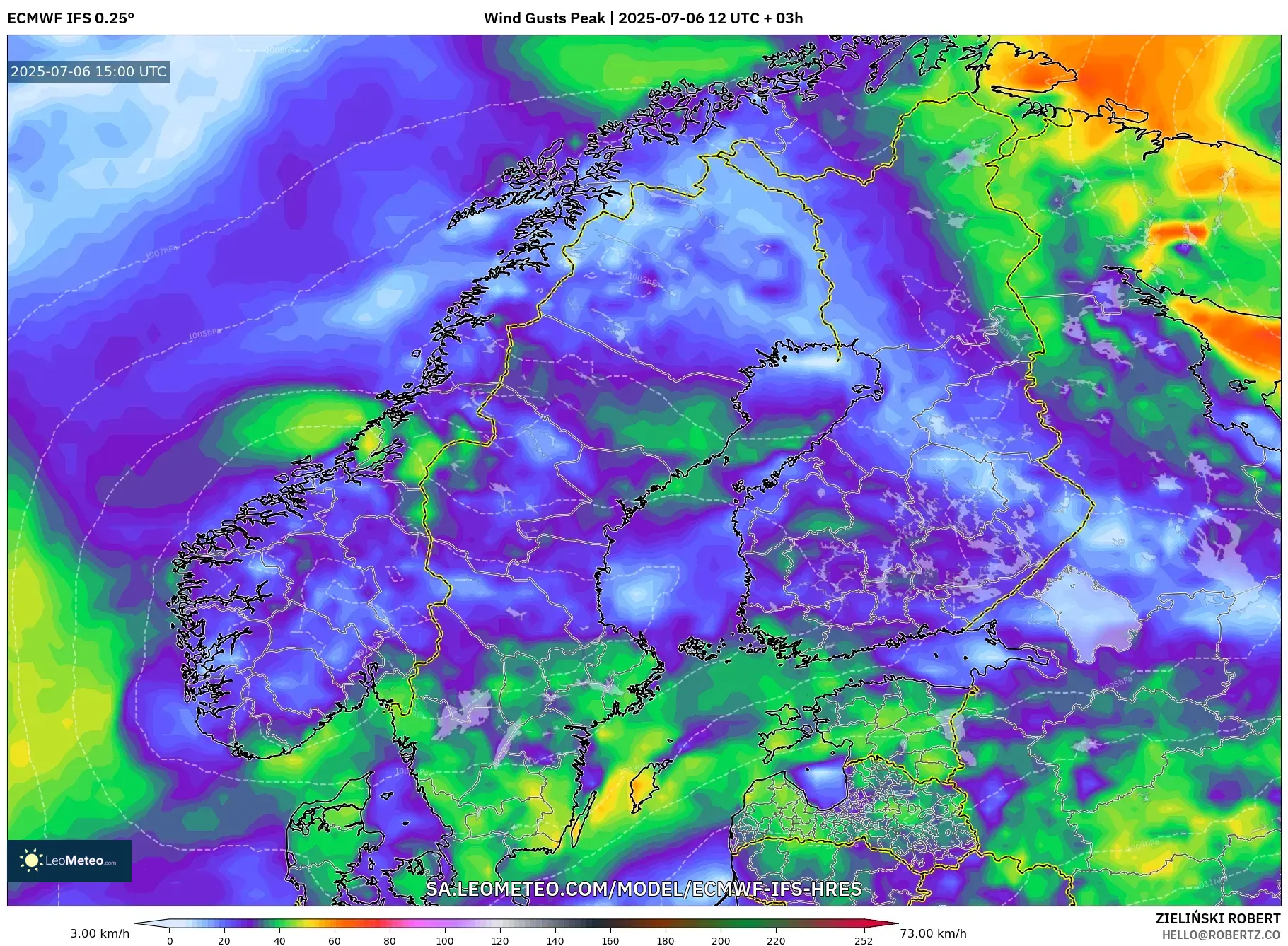 ECMWF IFS 0.25° model - Scandinavia, Wind Gusts Peak ECMWF IFS 0.25° model - Scandinavia, Wind Gusts Peak