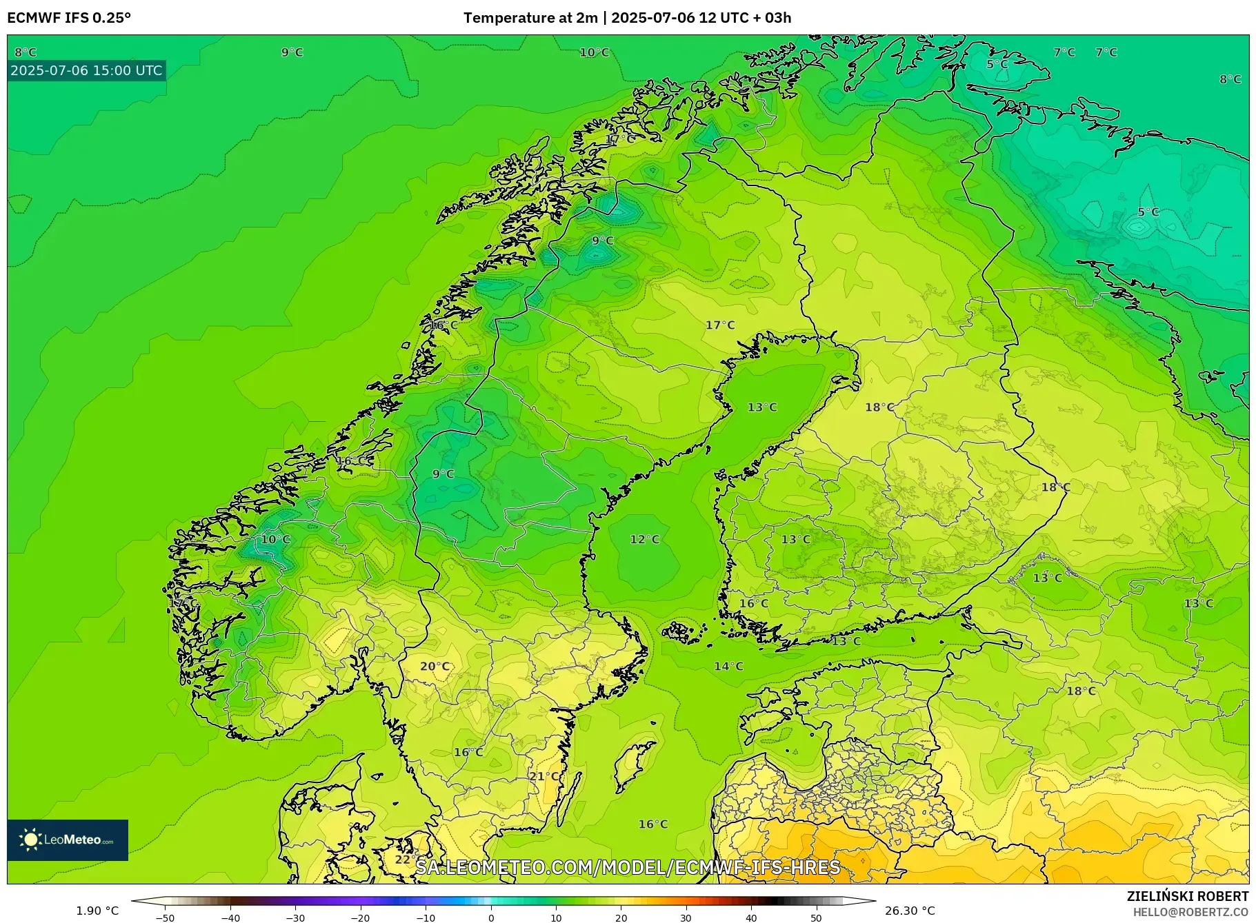 ECMWF IFS 0.25° model - Scandinavia, Temperature at 2m ECMWF IFS 0.25° model - Scandinavia, Temperature at 2m