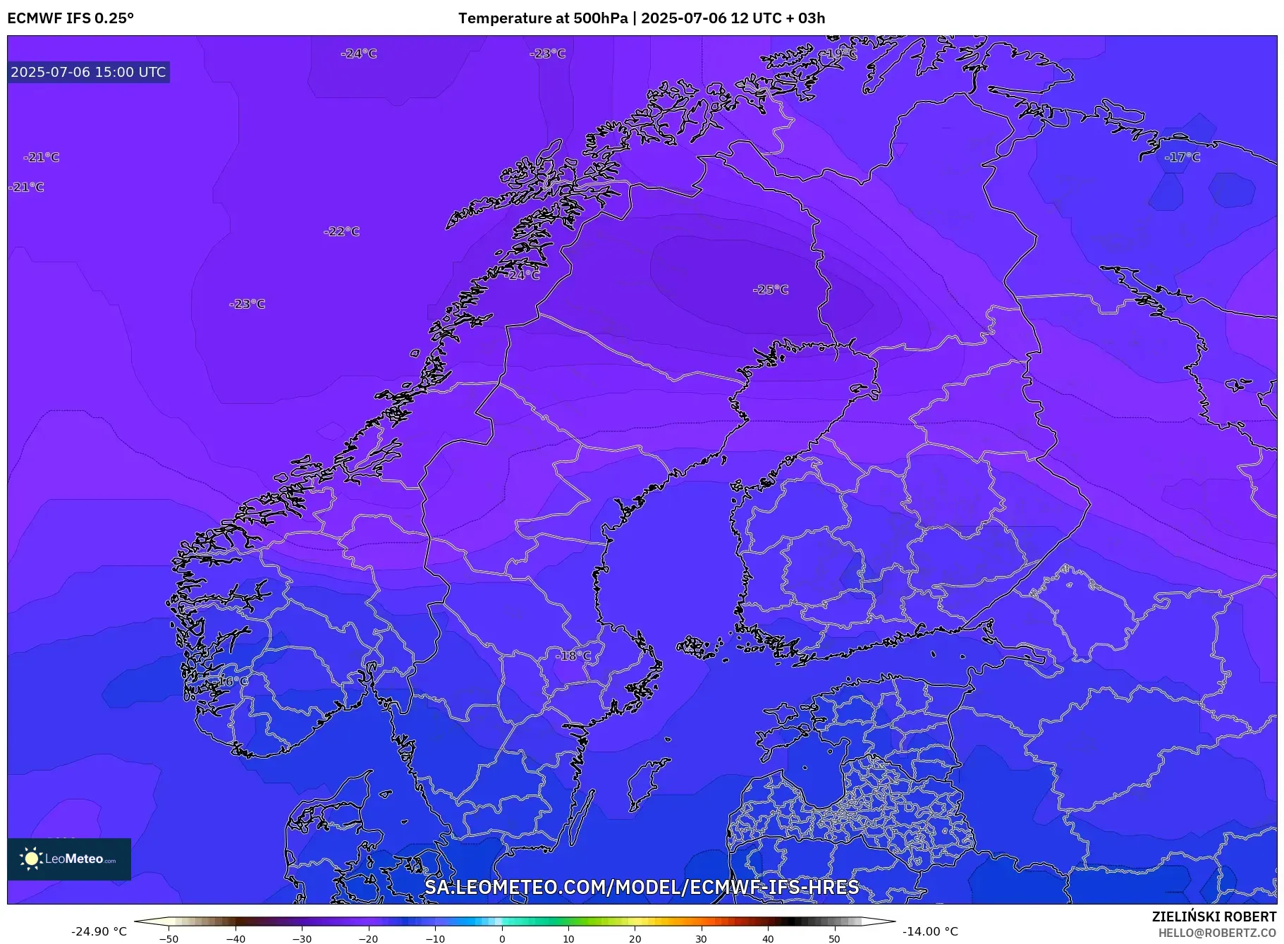 ECMWF IFS 0.25° model - Scandinavia, Temperature at 500hPa ECMWF IFS 0.25° model - Scandinavia, Temperature at 500hPa
