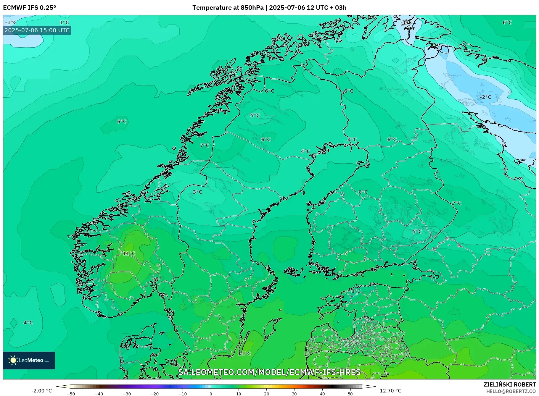 ECMWF IFS 0.25° model - Scandinavia, Temperature at 850hPa ECMWF IFS 0.25° model - Scandinavia, Temperature at 850hPa