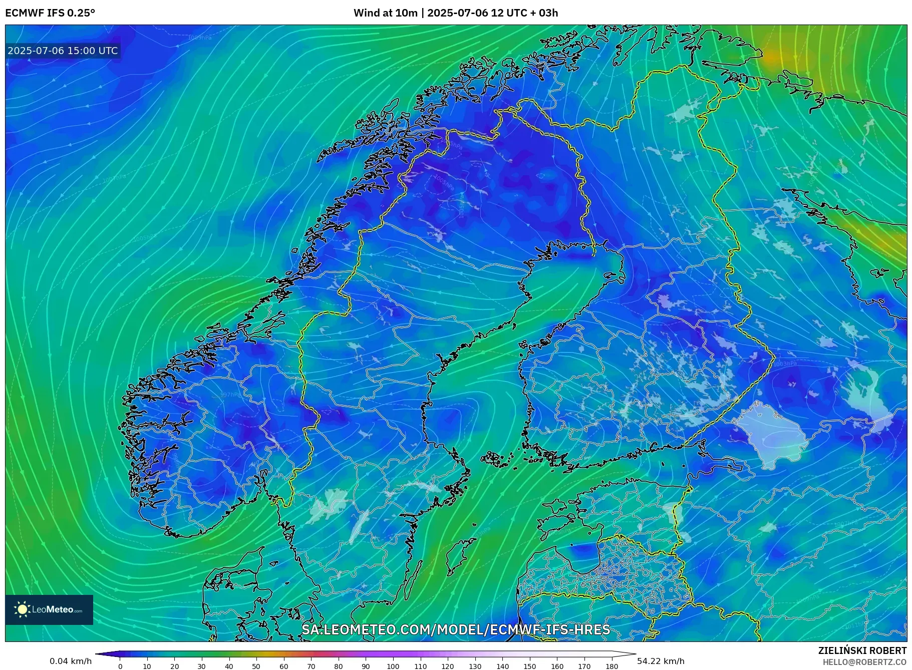 ECMWF IFS 0.25° model - Scandinavia, Wind at 10m ECMWF IFS 0.25° model - Scandinavia, Wind at 10m