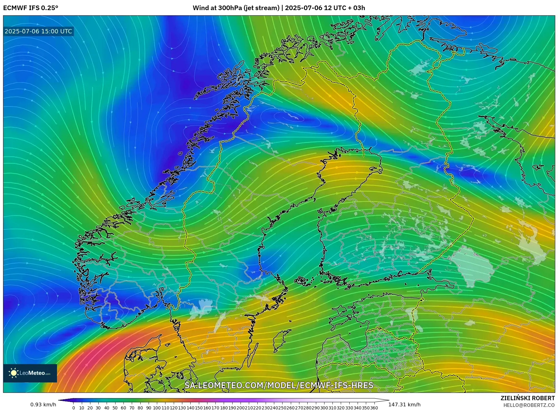 ECMWF IFS 0.25° model - Scandinavia, Wind at 300hPa (jet stream) ECMWF IFS 0.25° model - Scandinavia, Wind at 300hPa (jet stream)