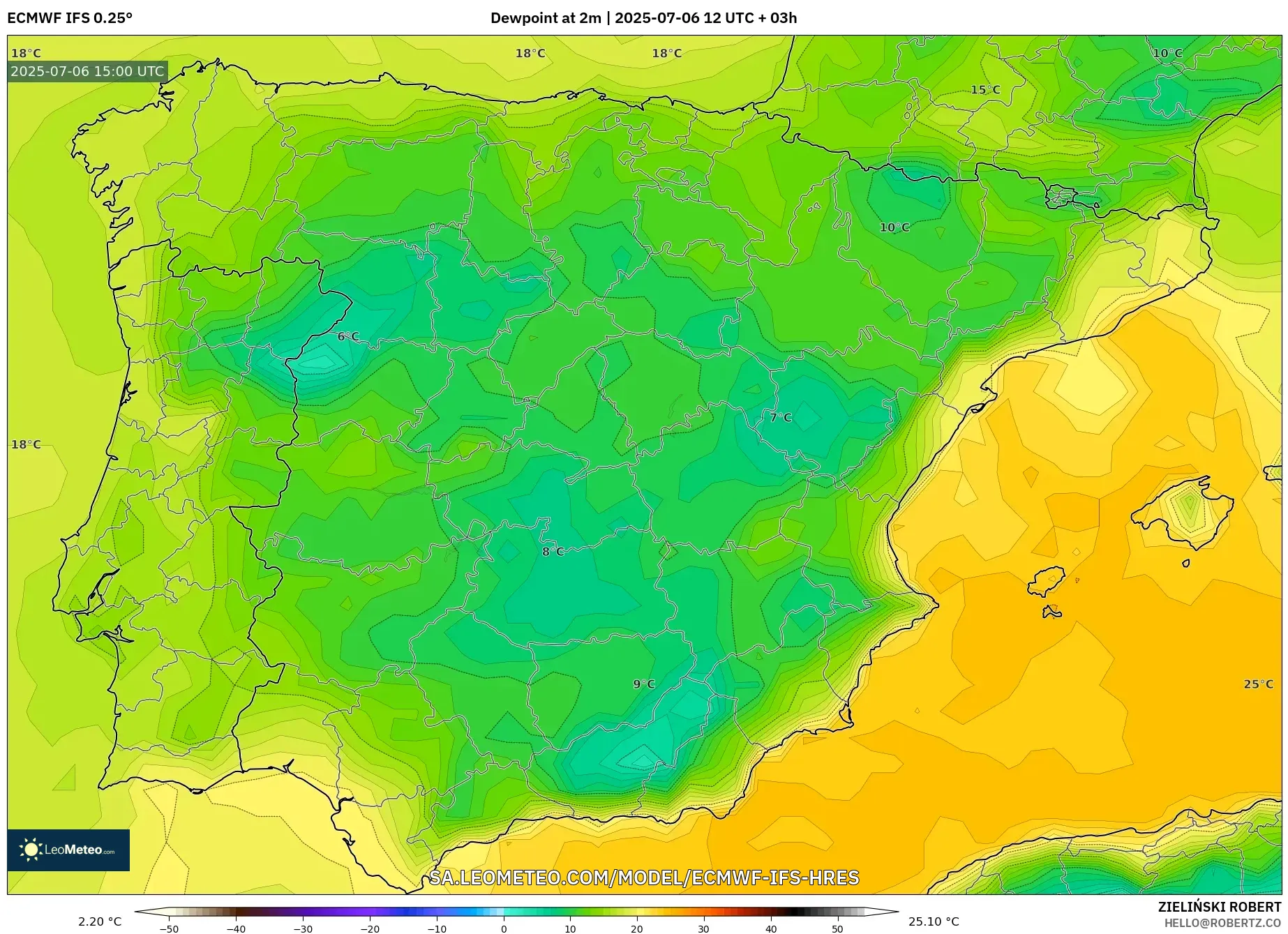 ECMWF IFS 0.25° model - Spain, Dewpoint at 2m ECMWF IFS 0.25° model - Spain, Dewpoint at 2m