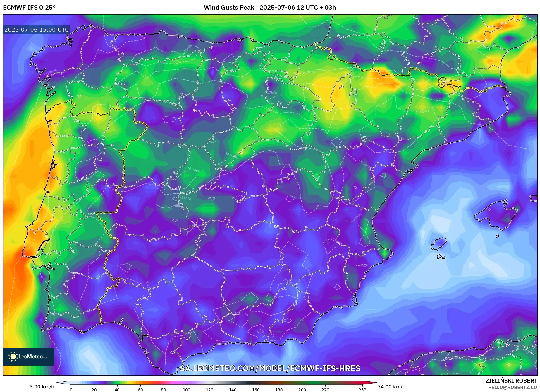 ECMWF IFS 0.25° model - Spain, Wind Gusts Peak ECMWF IFS 0.25° model - Spain, Wind Gusts Peak