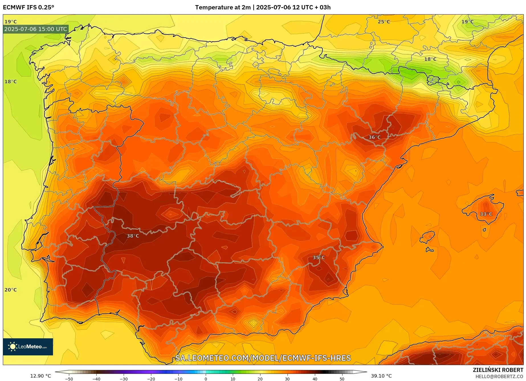 ECMWF IFS 0.25° model - Spain, Temperature at 2m ECMWF IFS 0.25° model - Spain, Temperature at 2m