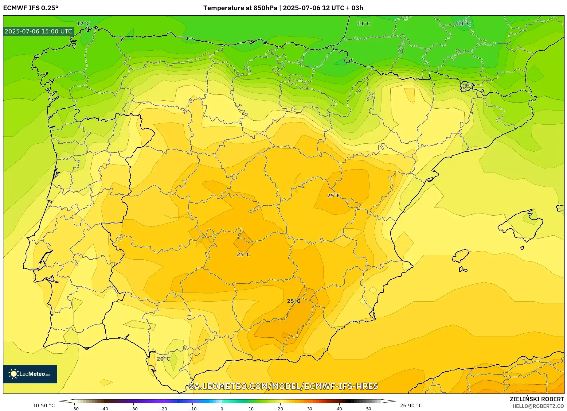 ECMWF IFS 0.25° model - Spain, Temperature at 850hPa ECMWF IFS 0.25° model - Spain, Temperature at 850hPa