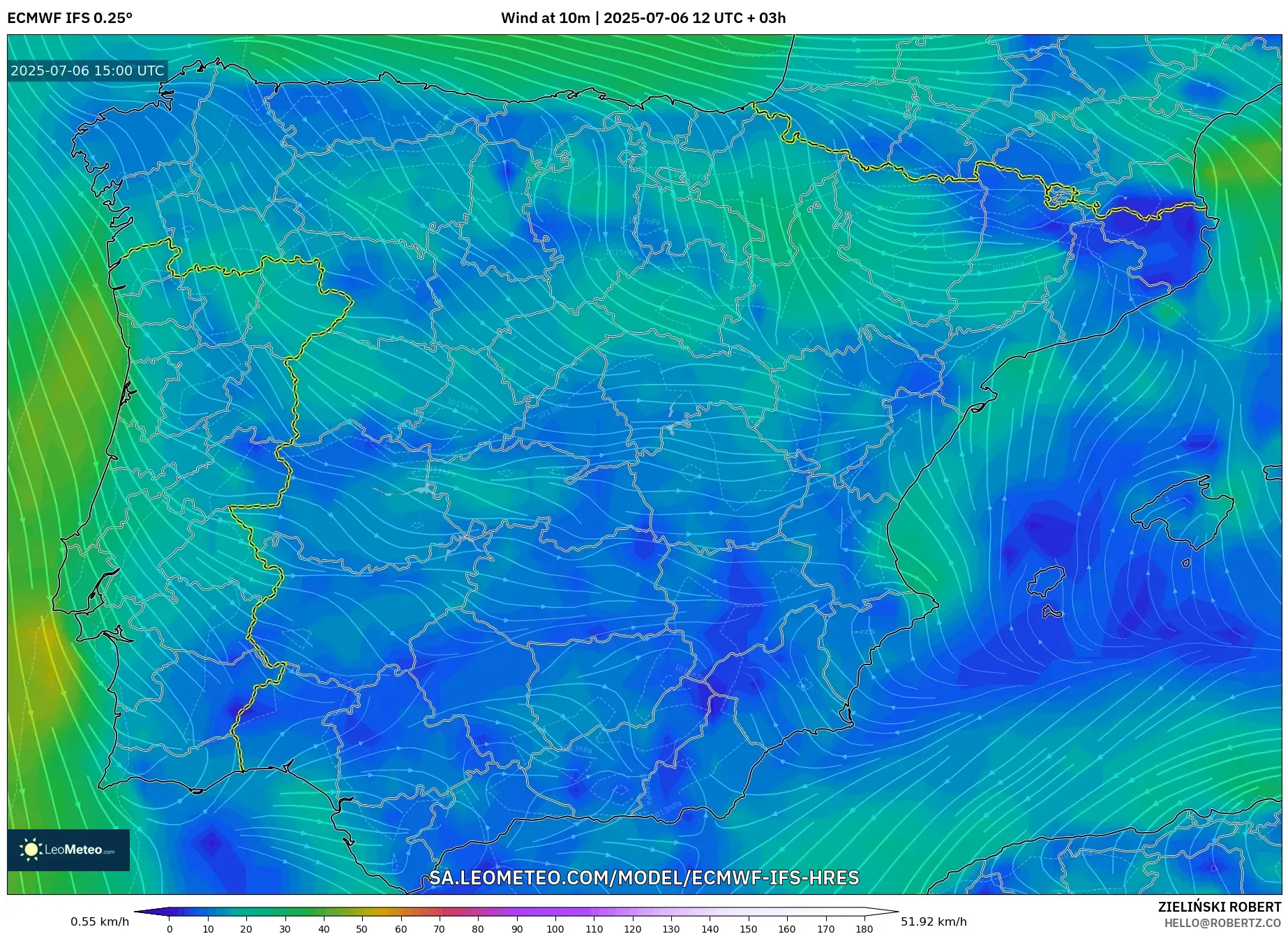 ECMWF IFS 0.25° model - Spain, Wind at 10m ECMWF IFS 0.25° model - Spain, Wind at 10m