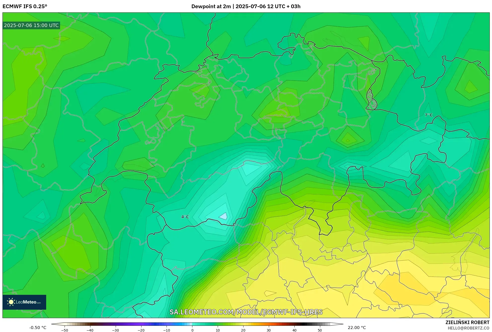 ECMWF IFS 0.25° model - Switzerland, Dewpoint at 2m ECMWF IFS 0.25° model - Switzerland, Dewpoint at 2m