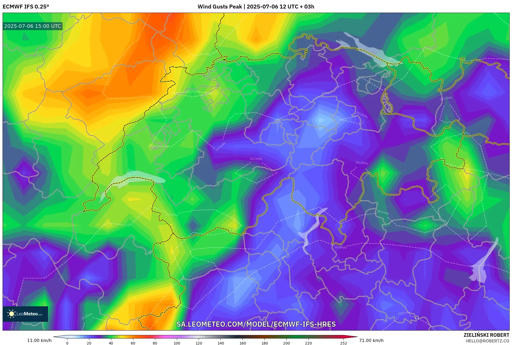 ECMWF IFS 0.25° model - Switzerland, Wind Gusts Peak ECMWF IFS 0.25° model - Switzerland, Wind Gusts Peak