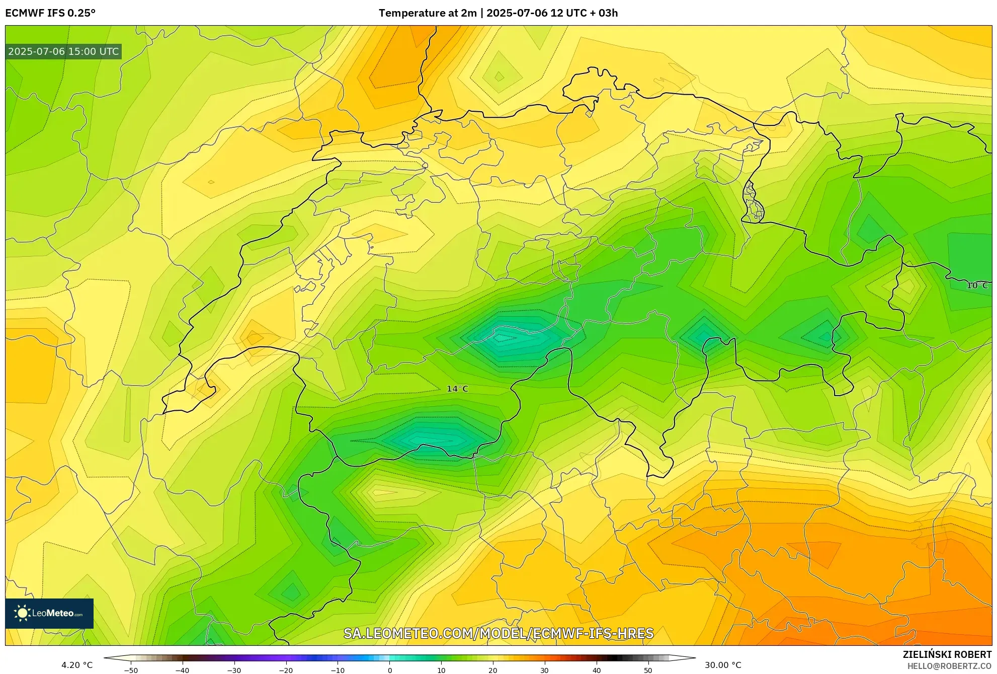 ECMWF IFS 0.25° model - Switzerland, Temperature at 2m ECMWF IFS 0.25° model - Switzerland, Temperature at 2m