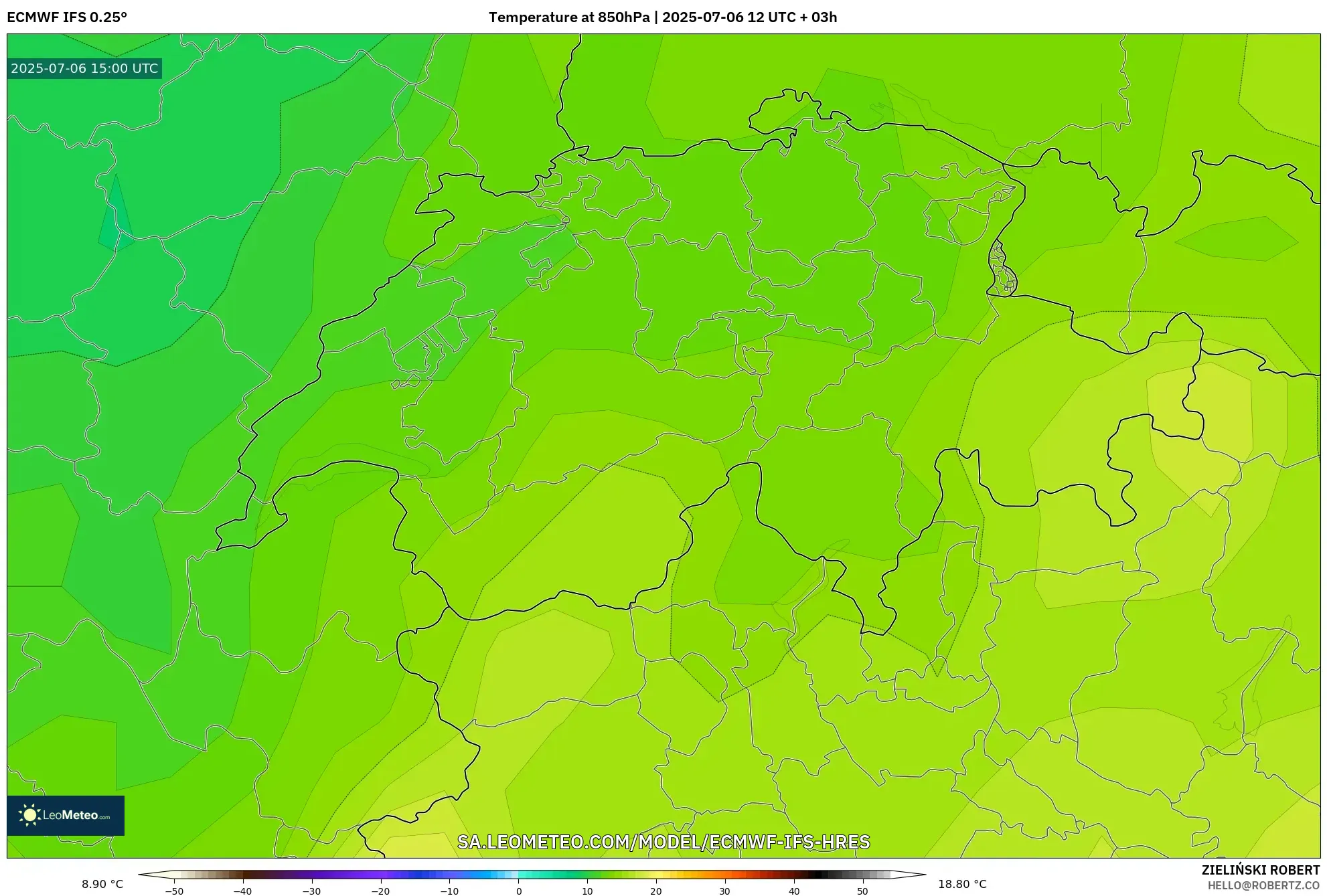 ECMWF IFS 0.25° model - Switzerland, Temperature at 850hPa ECMWF IFS 0.25° model - Switzerland, Temperature at 850hPa