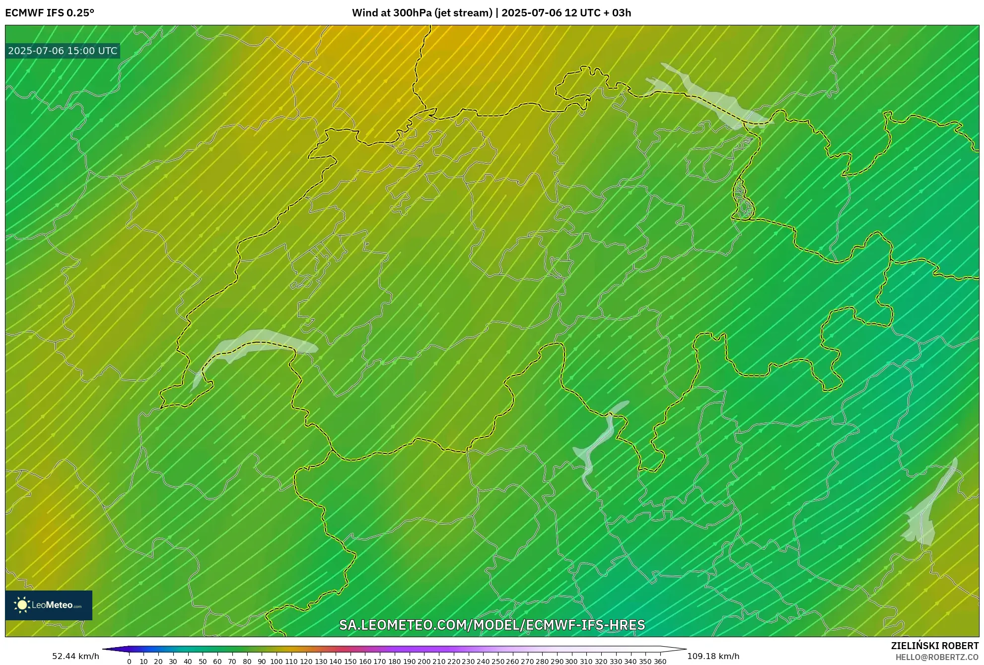 ECMWF IFS 0.25° model - Switzerland, Wind at 300hPa (jet stream) ECMWF IFS 0.25° model - Switzerland, Wind at 300hPa (jet stream)