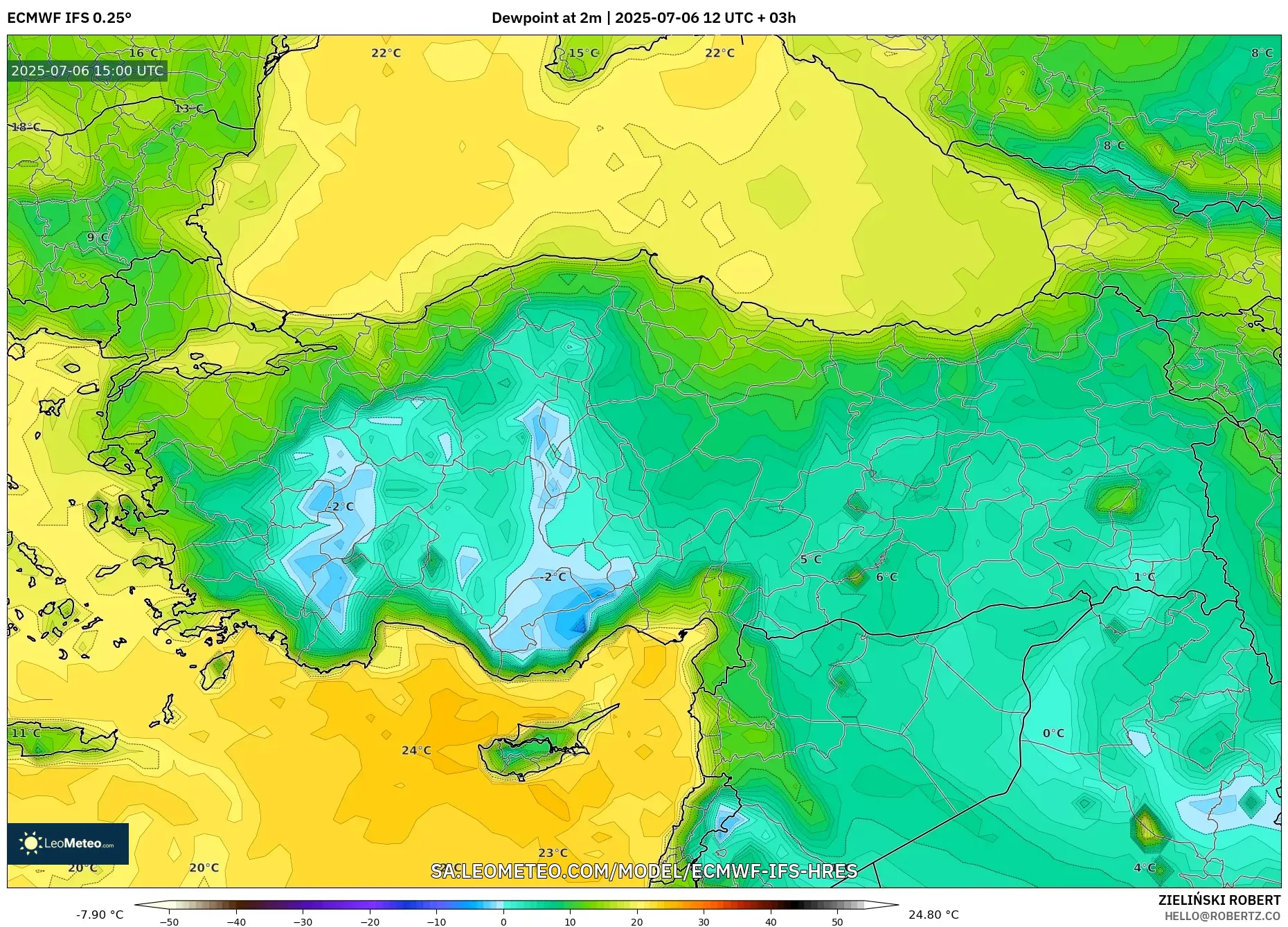 ECMWF IFS 0.25° model - Turkey, Dewpoint at 2m ECMWF IFS 0.25° model - Turkey, Dewpoint at 2m
