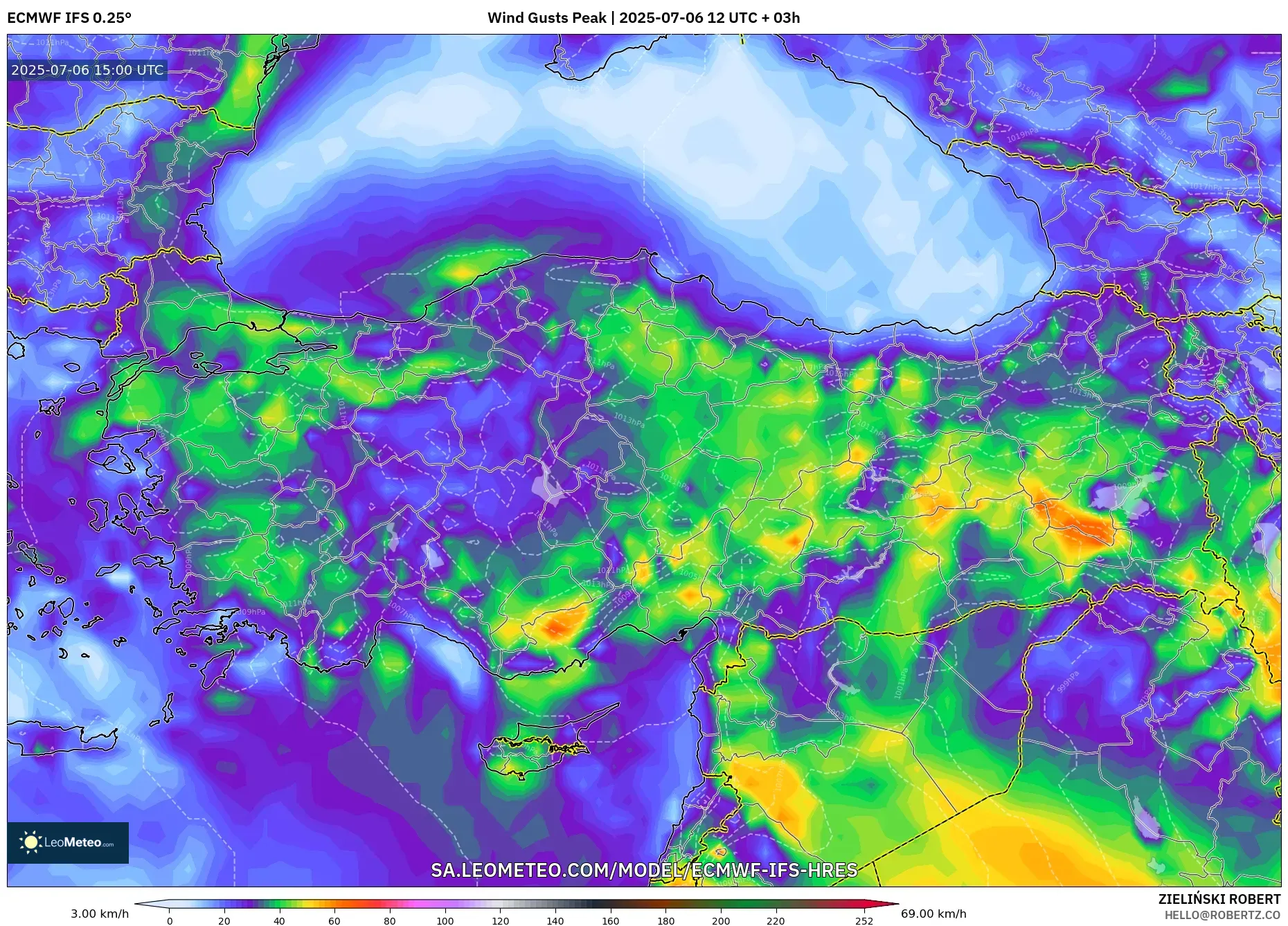 ECMWF IFS 0.25° model - Turkey, Wind Gusts Peak ECMWF IFS 0.25° model - Turkey, Wind Gusts Peak