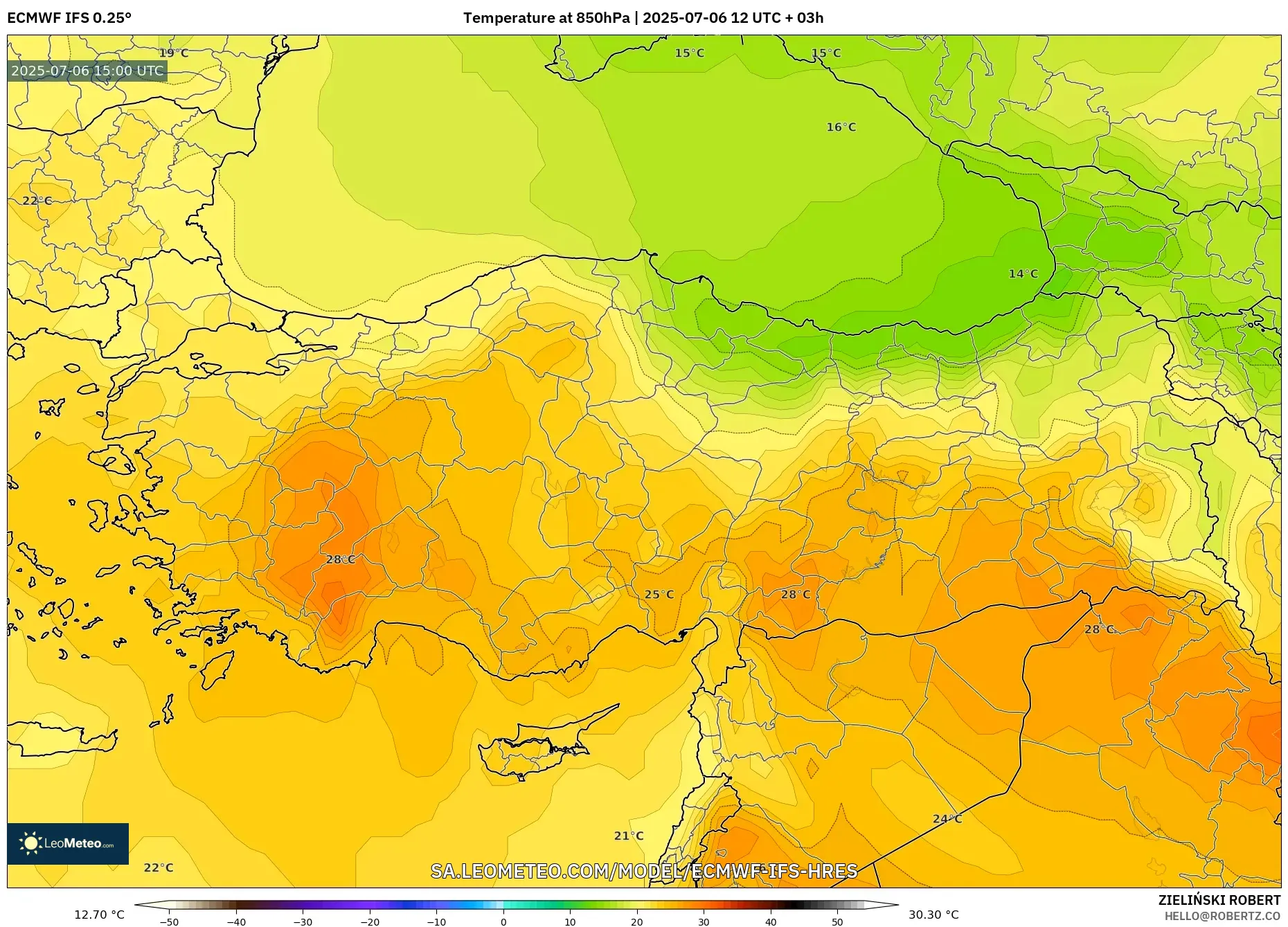 ECMWF IFS 0.25° model - Turkey, Temperature at 850hPa ECMWF IFS 0.25° model - Turkey, Temperature at 850hPa