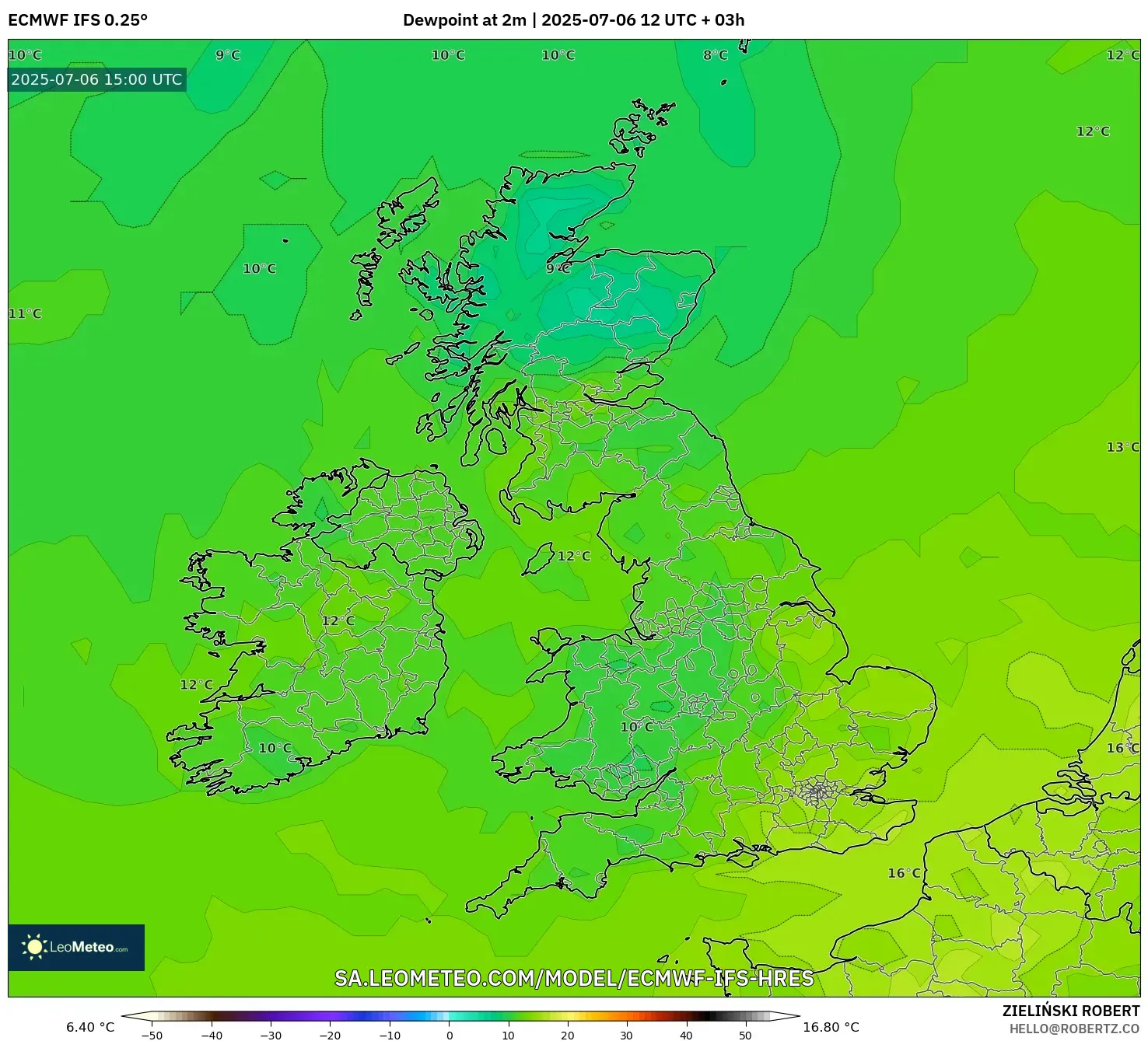 ECMWF IFS 0.25° model - United Kingdom, Dewpoint at 2m ECMWF IFS 0.25° model - United Kingdom, Dewpoint at 2m
