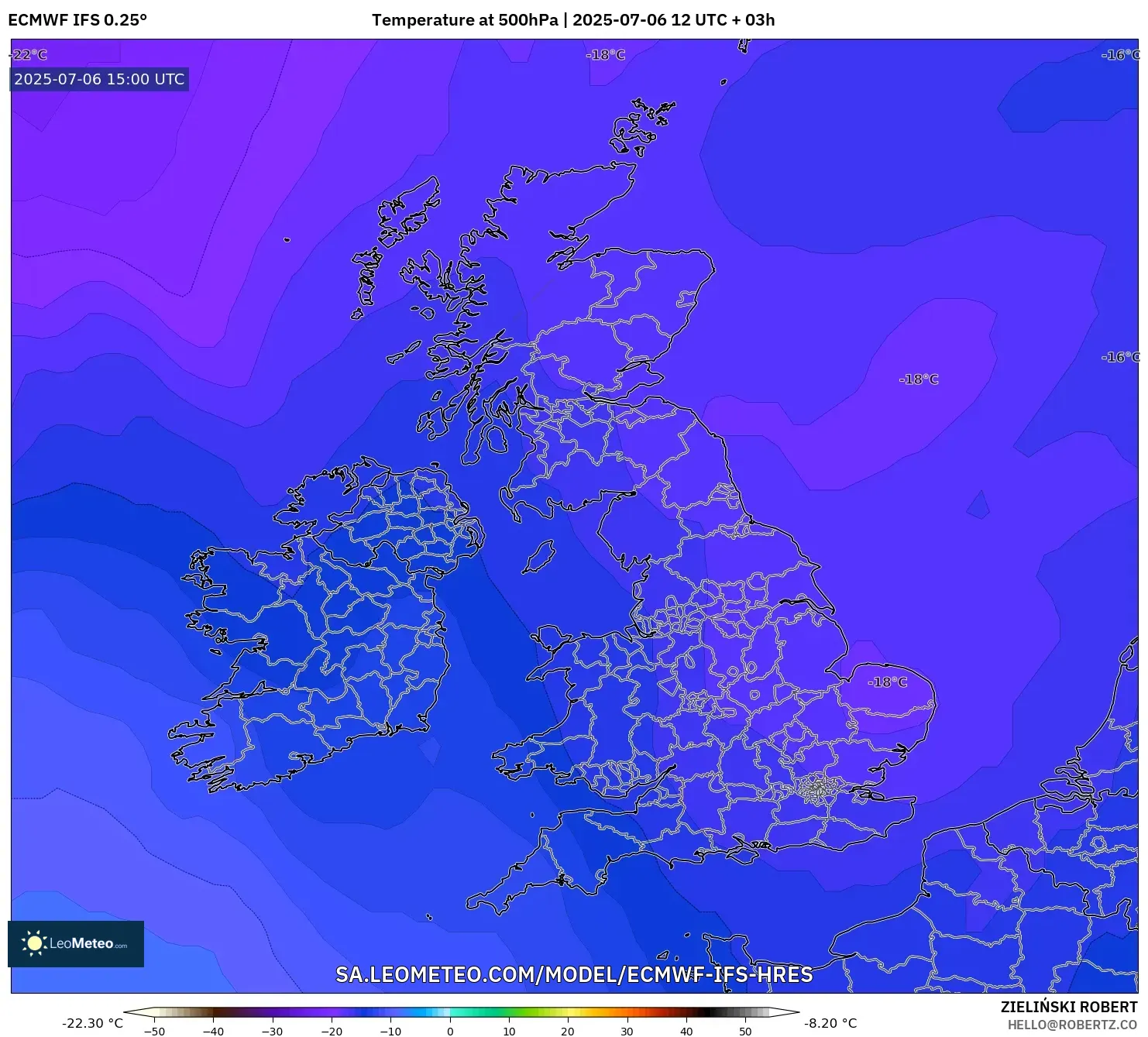 ECMWF IFS 0.25° model - United Kingdom, Temperature at 500hPa ECMWF IFS 0.25° model - United Kingdom, Temperature at 500hPa
