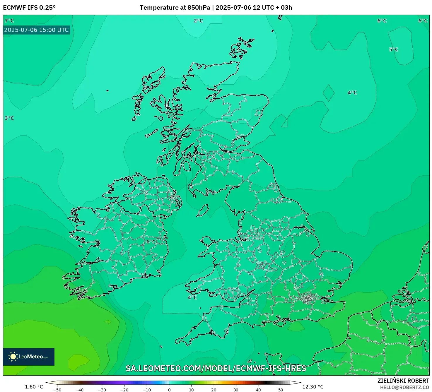 ECMWF IFS 0.25° model - United Kingdom, Temperature at 850hPa ECMWF IFS 0.25° model - United Kingdom, Temperature at 850hPa