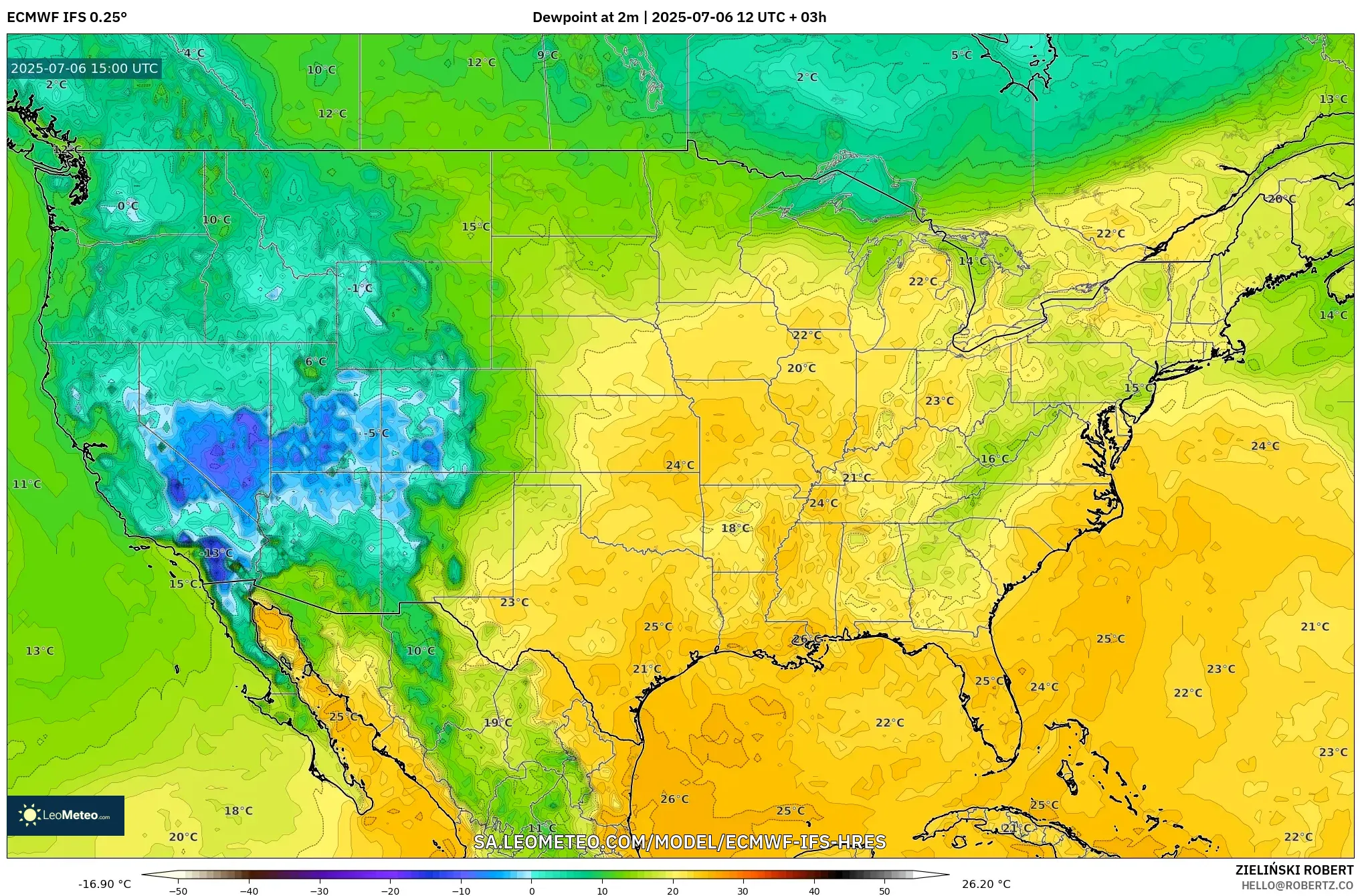 ECMWF IFS 0.25° model - United States, Dewpoint at 2m ECMWF IFS 0.25° model - United States, Dewpoint at 2m