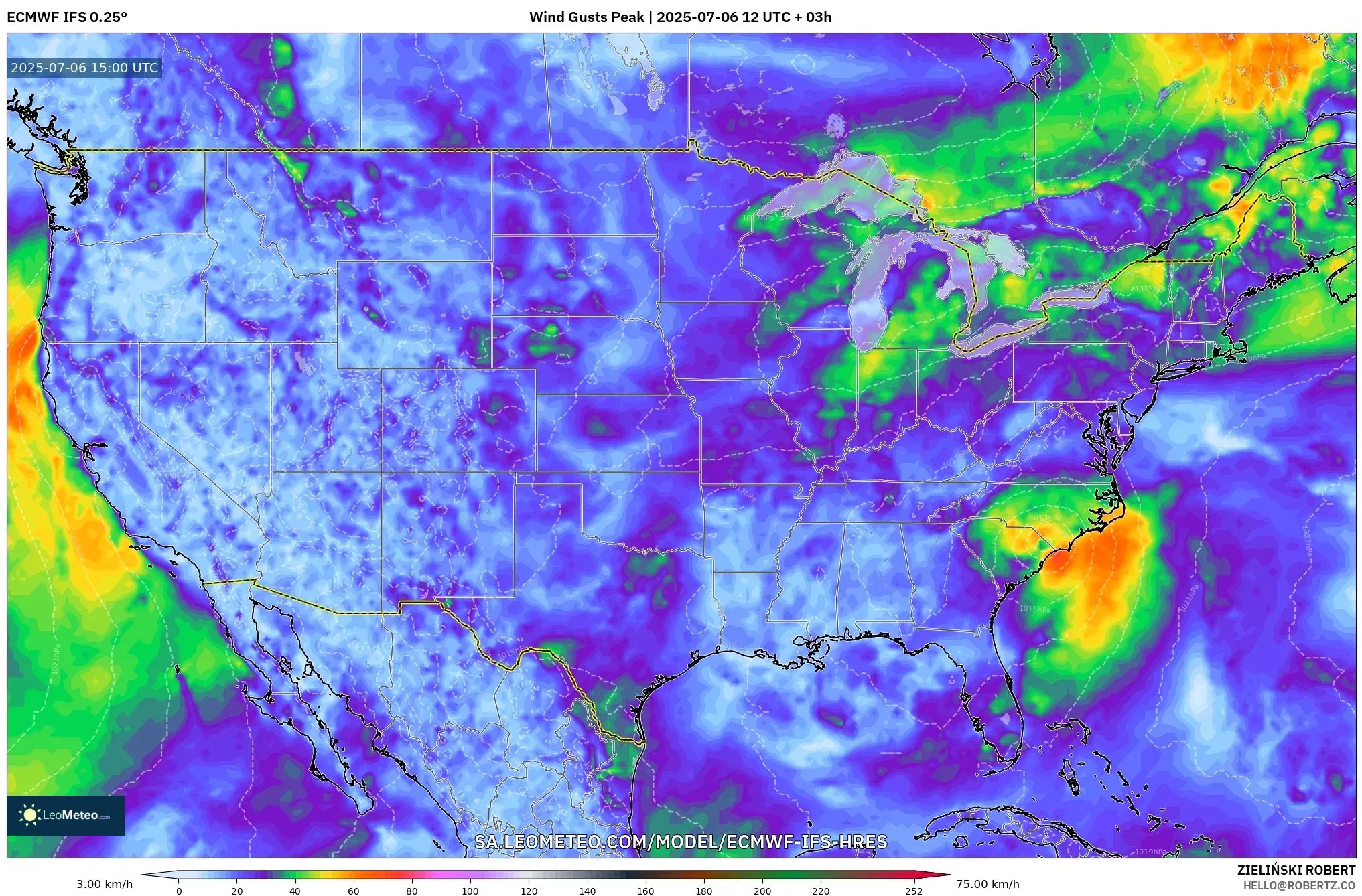 ECMWF IFS 0.25° model - United States, Wind Gusts Peak ECMWF IFS 0.25° model - United States, Wind Gusts Peak