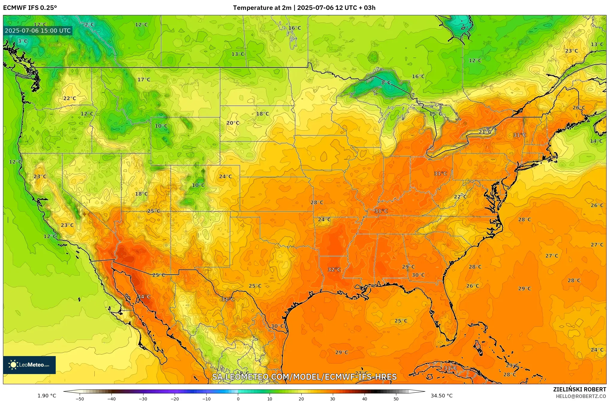 ECMWF IFS 0.25° model - United States, Temperature at 2m ECMWF IFS 0.25° model - United States, Temperature at 2m