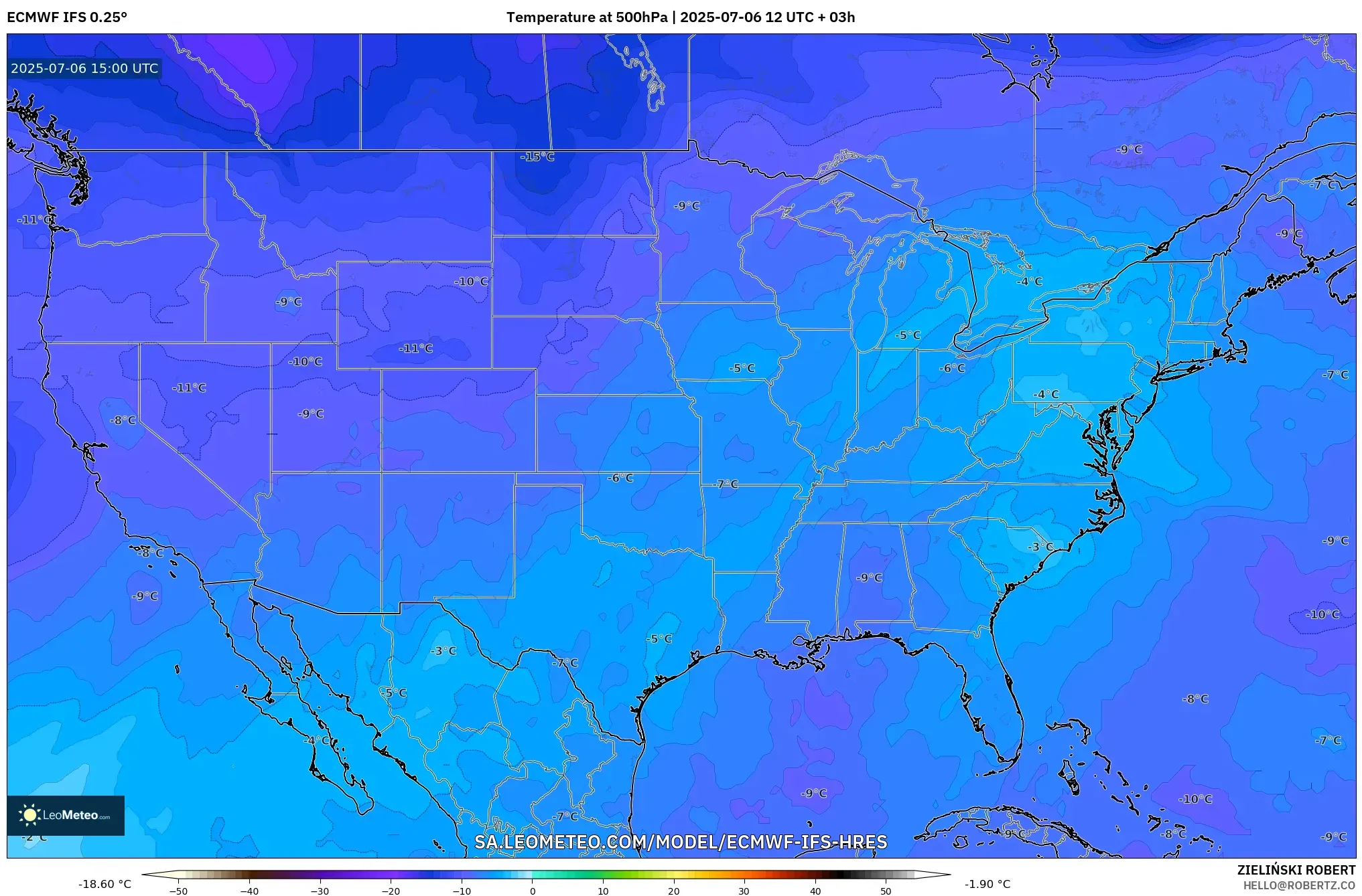 ECMWF IFS 0.25° model - United States, Temperature at 500hPa ECMWF IFS 0.25° model - United States, Temperature at 500hPa