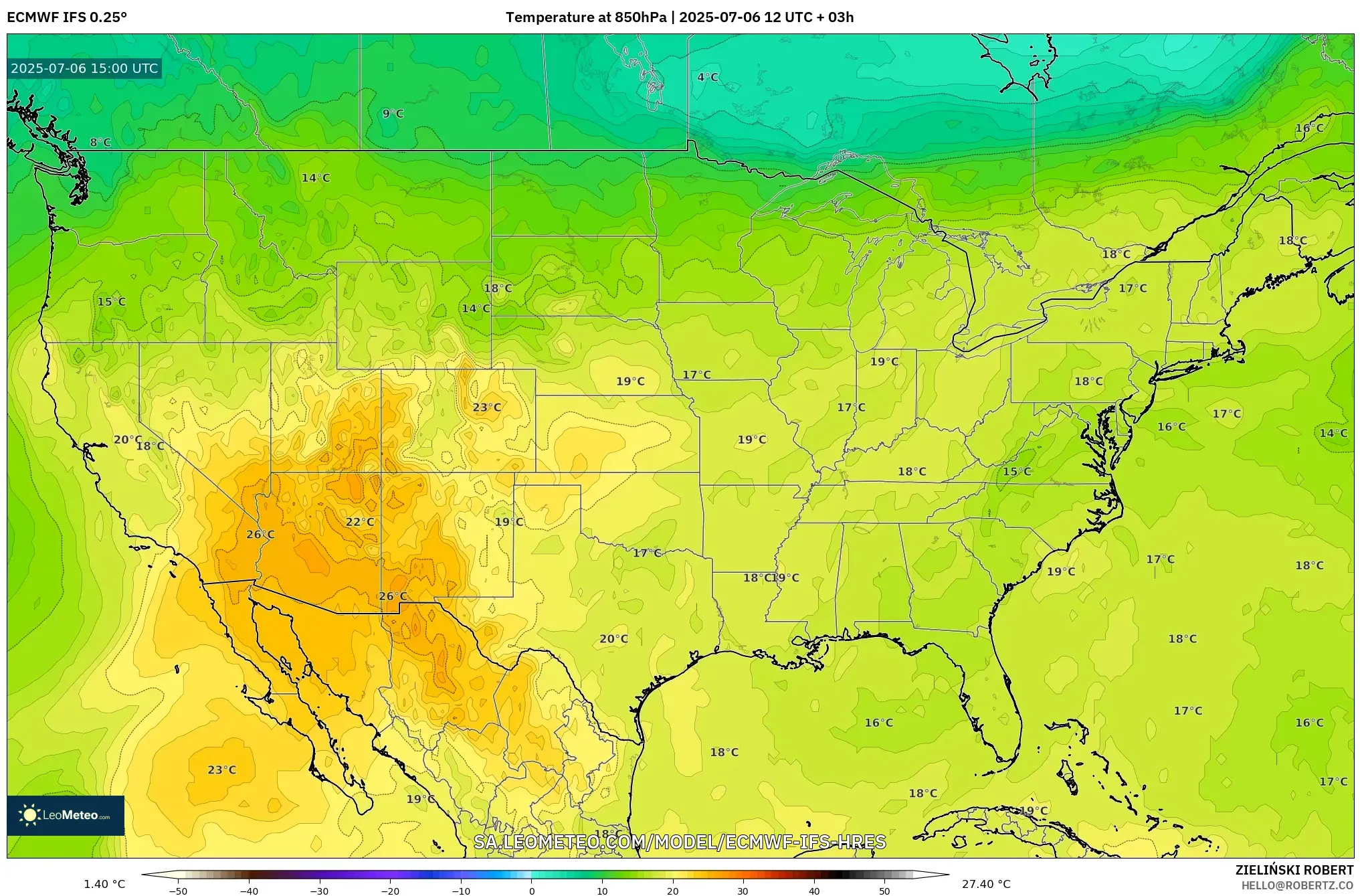 ECMWF IFS 0.25° model - United States, Temperature at 850hPa ECMWF IFS 0.25° model - United States, Temperature at 850hPa