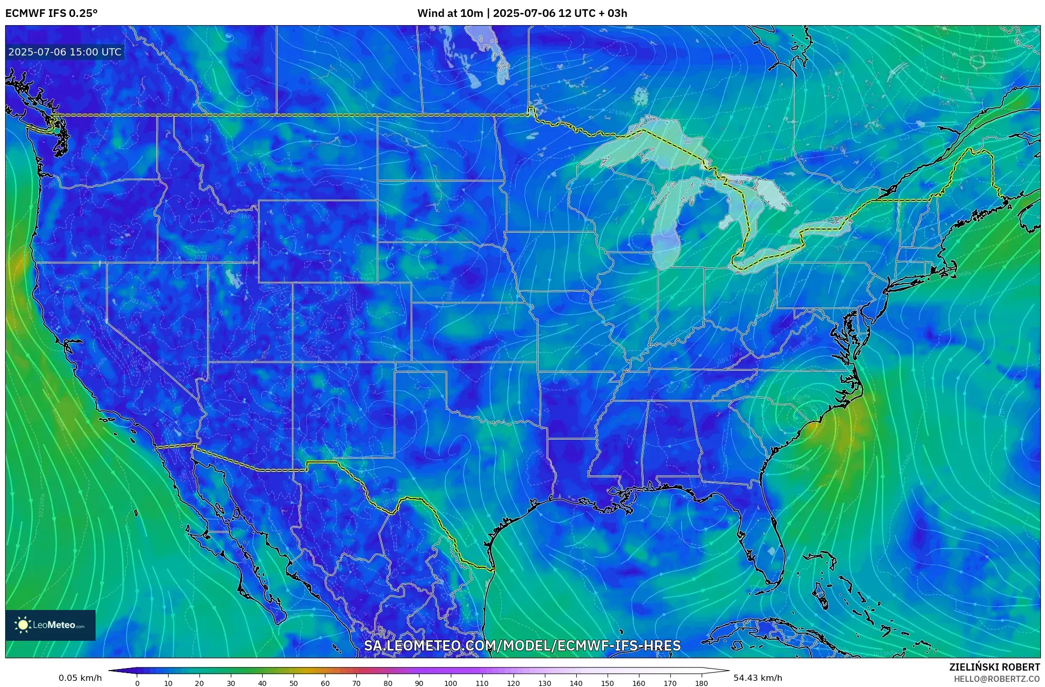 ECMWF IFS 0.25° model - United States, Wind at 10m ECMWF IFS 0.25° model - United States, Wind at 10m