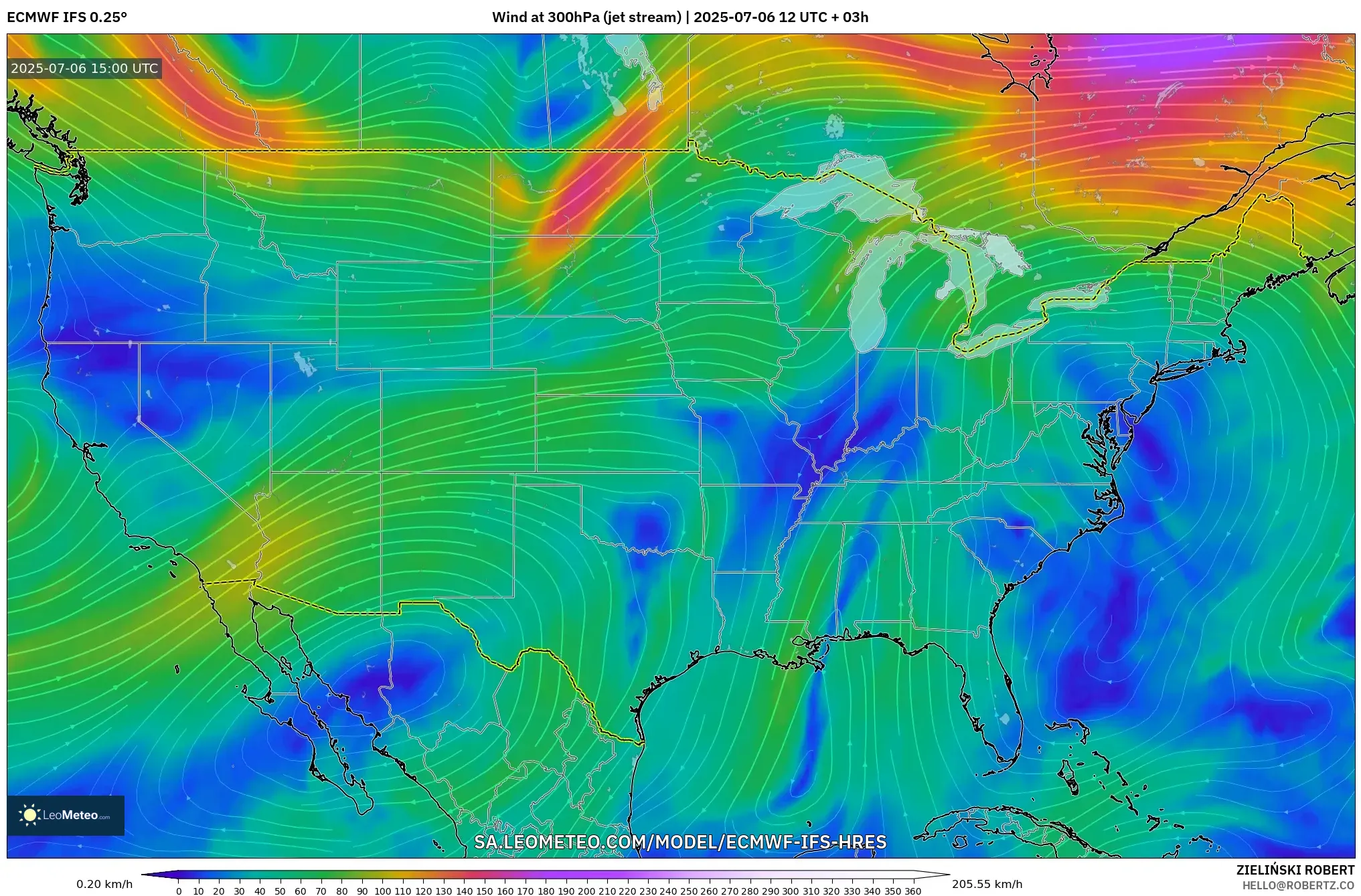 ECMWF IFS 0.25° model - United States, Wind at 300hPa (jet stream) ECMWF IFS 0.25° model - United States, Wind at 300hPa (jet stream)