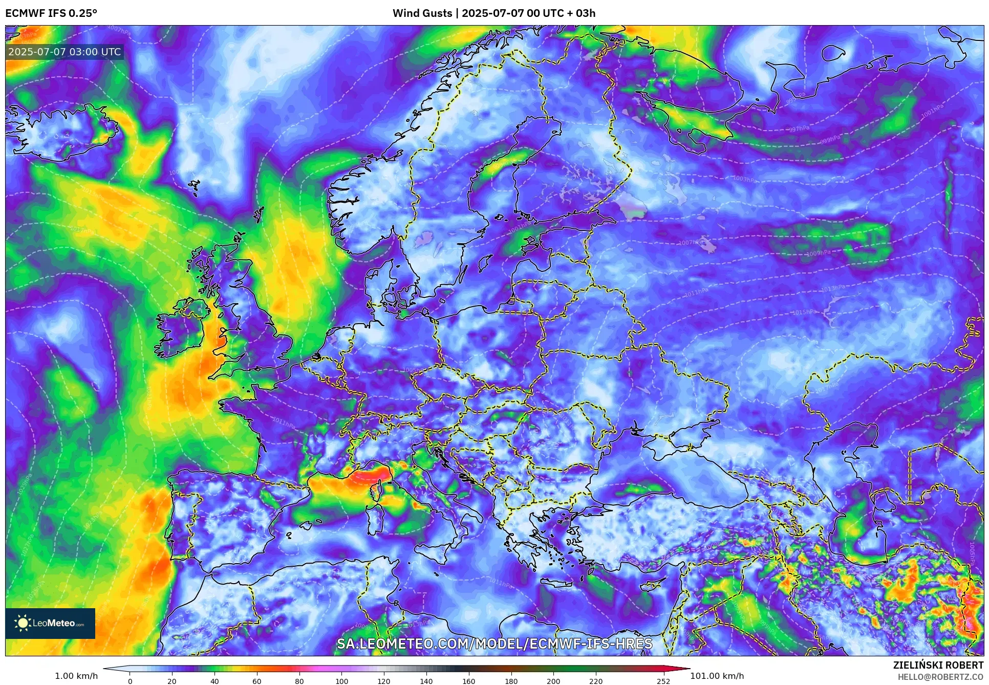 ECMWF IFS 0.25° model - Europe, Wind Gusts ECMWF IFS 0.25° model - Europe, Wind Gusts